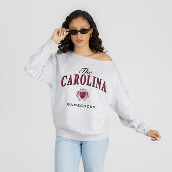 Women's Gameday Couture Ash South Carolina Gamecocks  Offsides Energy Off-Shoulder Sweatshirt
