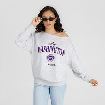 Women's Gameday Couture Ash Washington Huskies  Offsides Energy Off-Shoulder Sweatshirt