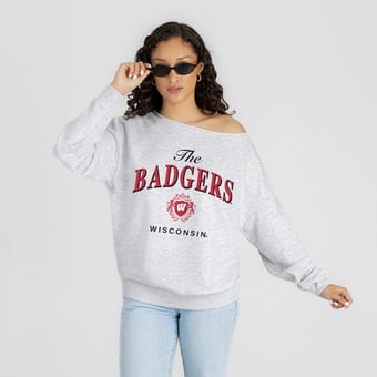 Women's Gameday Couture Ash Wisconsin Badgers  Offsides Energy Off-Shoulder Sweatshirt