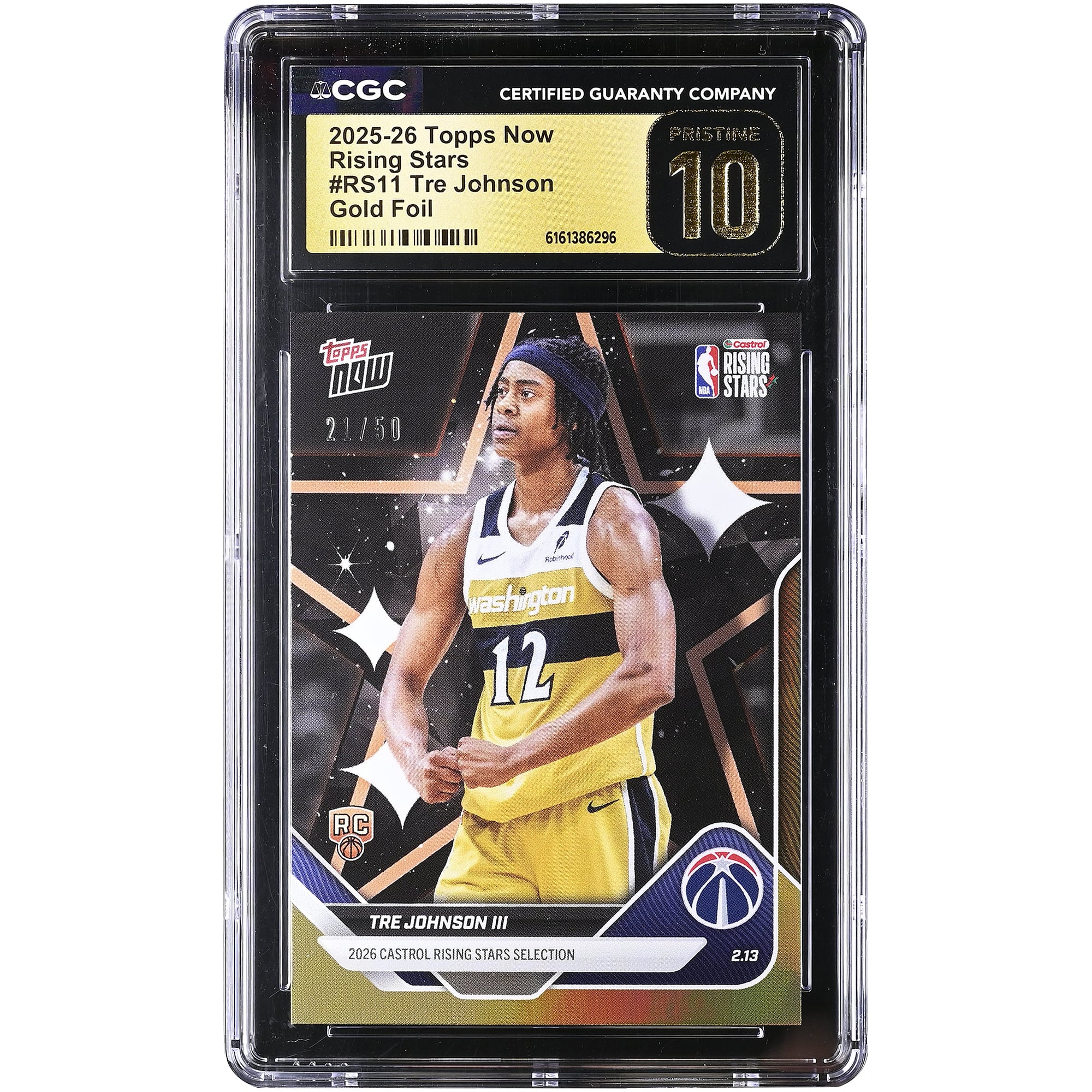 Tre Johnson III Washington Wizards 2025-26 Topps Now Rising Stars Gold Foil #RS11 #/50 CGC Authenticated PRISTINE 10 Card. rookie card picture