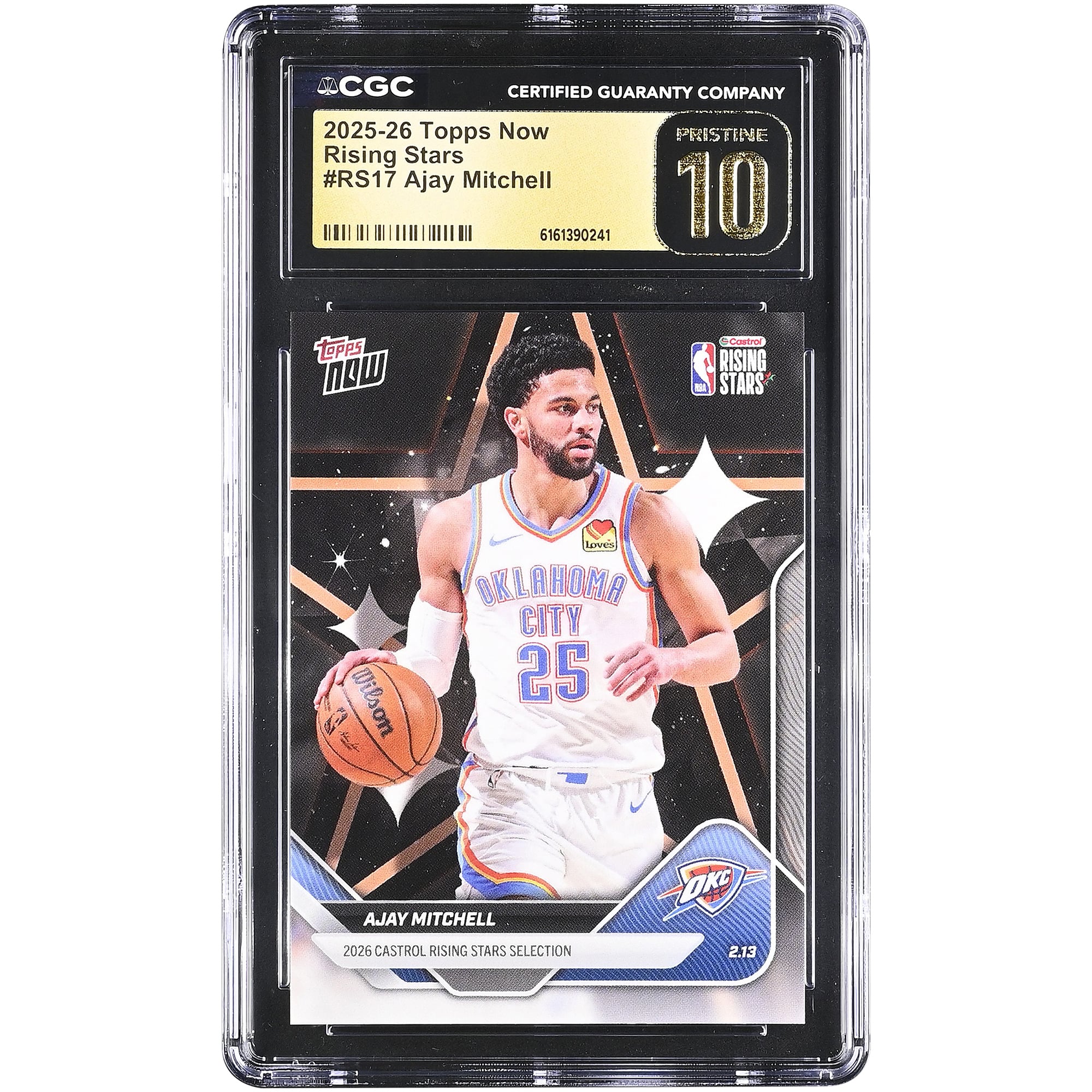Tarjeta Ajay Mitchell Oklahoma City Thunder 2025-26 Topps Now Rising Stars #RS17 Autenticada por CGC, en PERFECTO ESTADO.