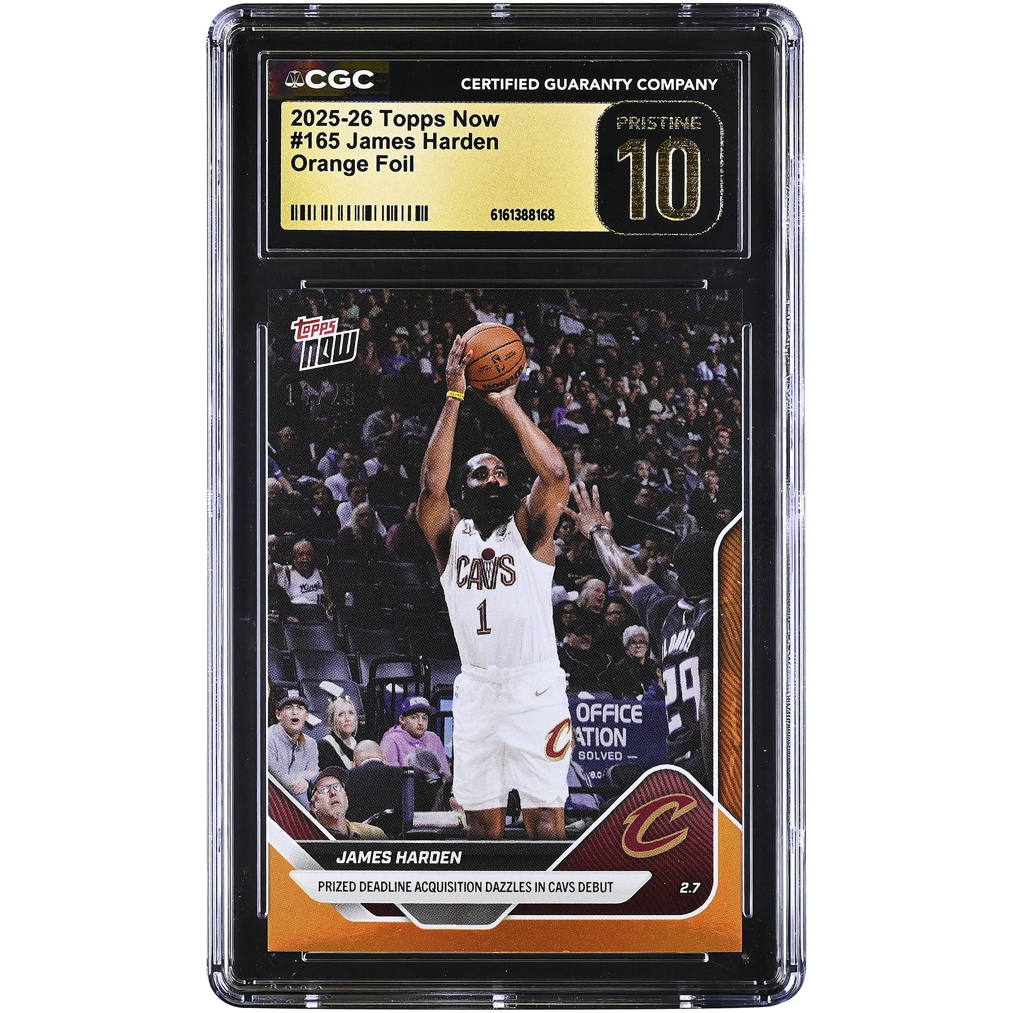 James Harden Cleveland Cavaliers 2025-26 Topps Now Prized Deadline Acquisition Dazzles in Cavs Debut Orange Foil #165 #/25 CGC Authenticated PRISTINE 10 Card. rookie card picture