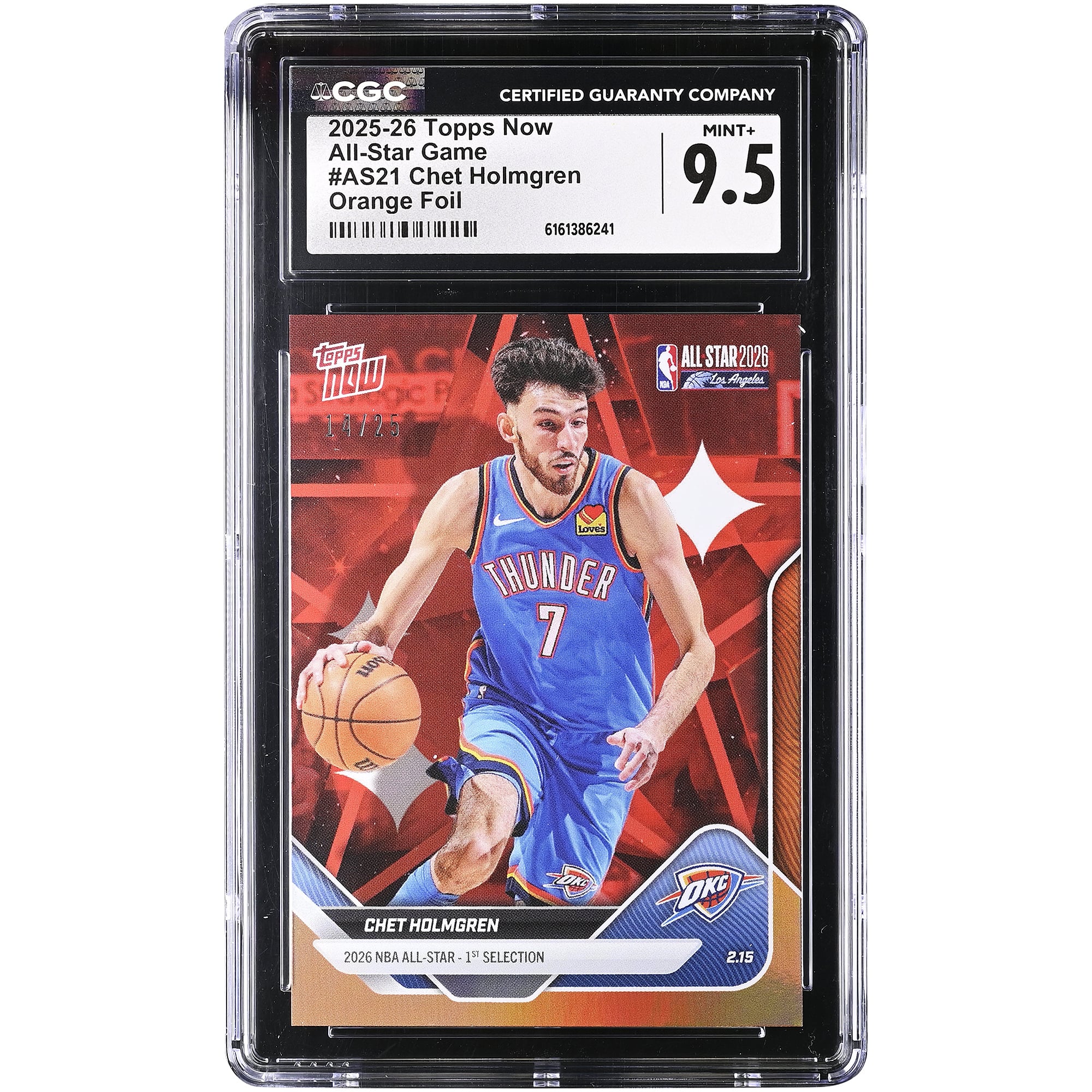 Tarjeta de Chet Holmgren de los Oklahoma City Thunder, temporada 2025-26, Topps Now All-Star Game, lámina naranja #AS21 #/25, autenticada por CGC, calificación 9.5.