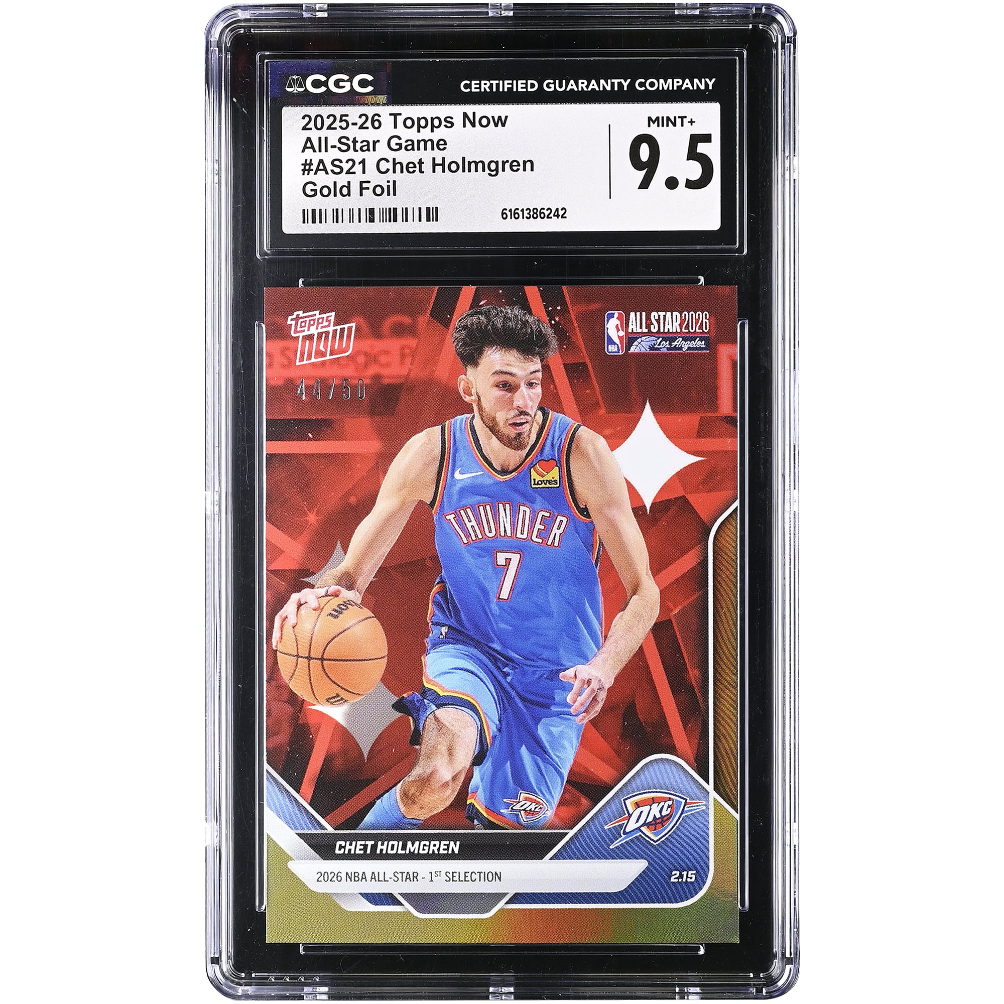 Tarjeta de Chet Holmgren de los Oklahoma City Thunder 2025-26 Topps Now All-Star Game Gold Foil #AS21 #/50 Autenticada por CGC 9.5