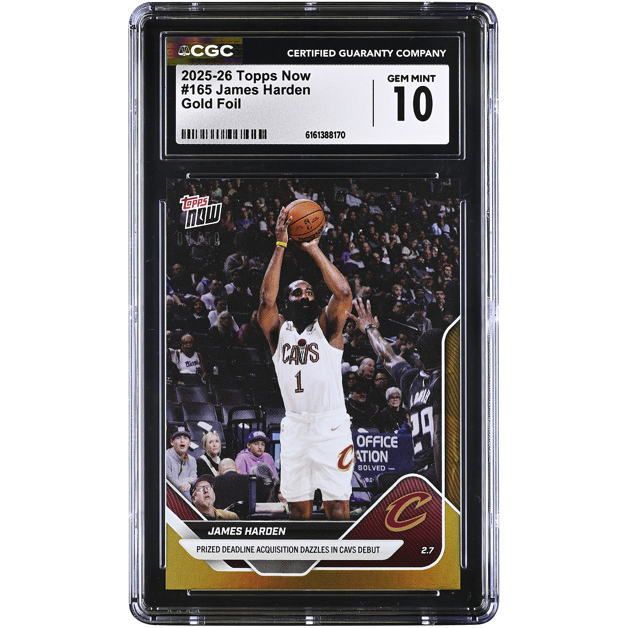 James Harden Cleveland Cavaliers 2025-26 Topps Now Prized Deadline Acquisition Dazzles in Cavs Debut Gold Foil #165 #/50 CGC Authenticated 10 Card