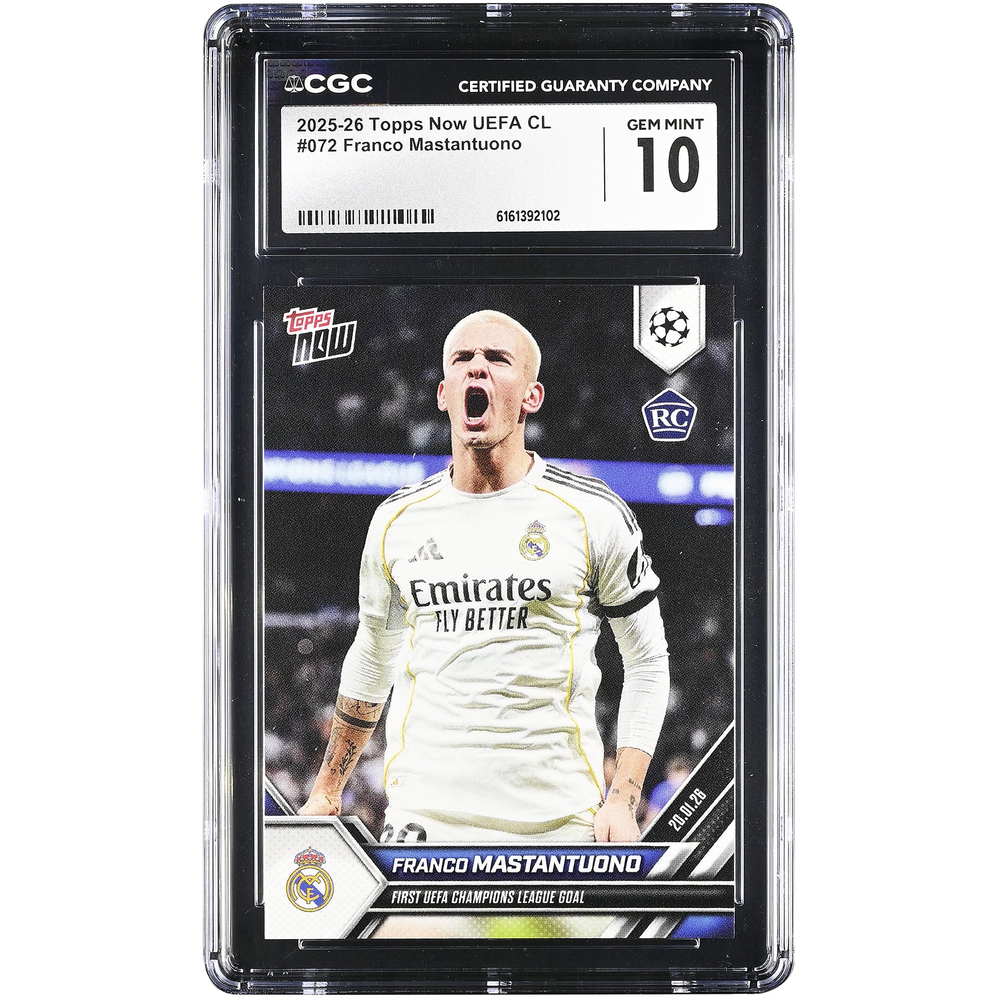 Franco Mastantuono Real Madrid 2025-26 Topps Now UEFA CL First UEFA Champions League Goal #72 CGC Authenticated 10 Rookie Card. rookie card picture