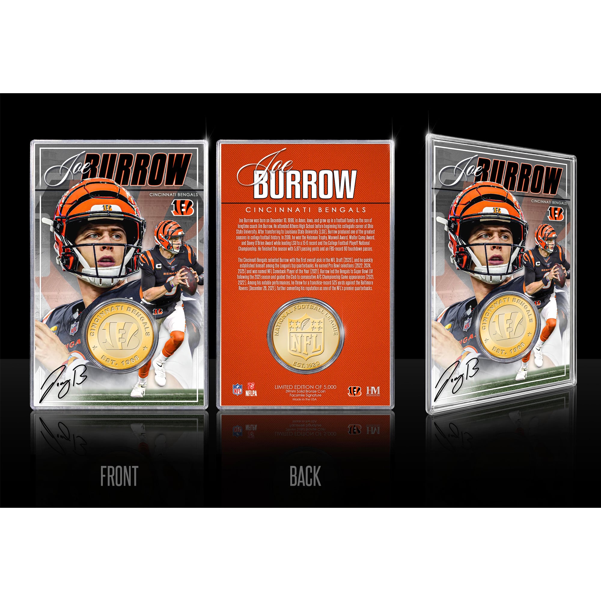 Highland Mint Joe Burrow Cincinnati Bengals  Limited Edition Bronze Coin Card with Acrylic Holder