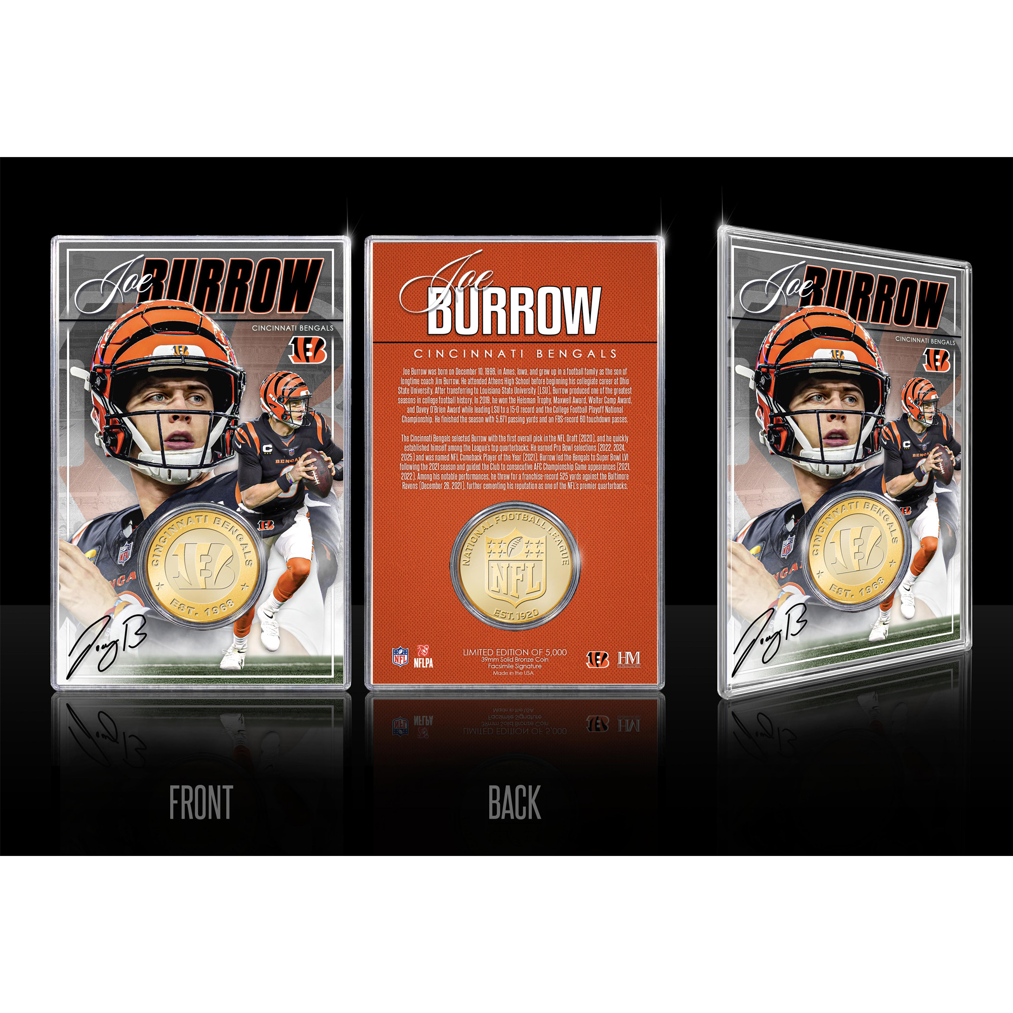 Highland Mint Joe Burrow Cincinnati Bengals Limited Edition Bronze Coin Card with Acrylic Holder