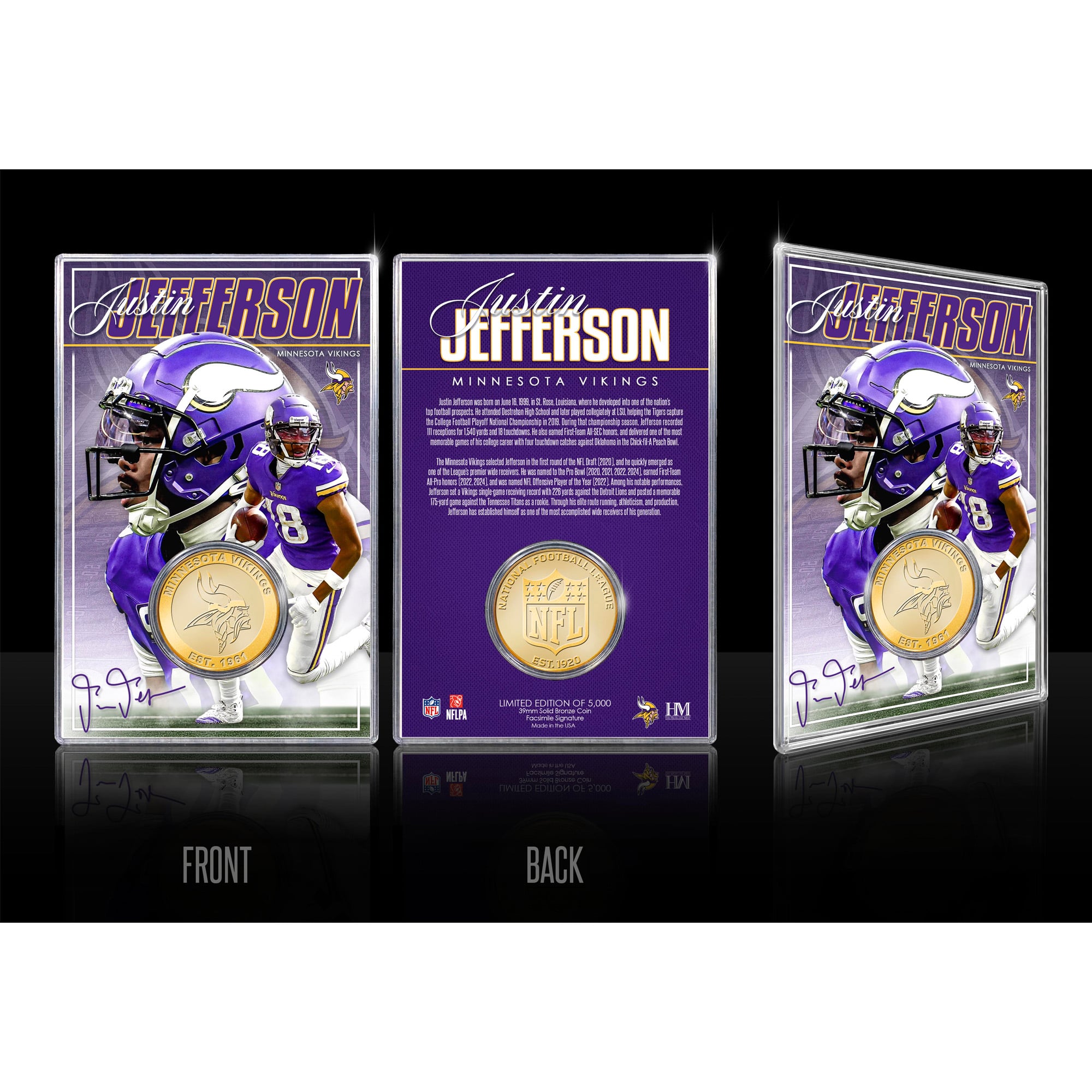 Highland Mint Justin Jefferson Minnesota Vikings  Limited Edition Bronze Coin Card with Acrylic Holder