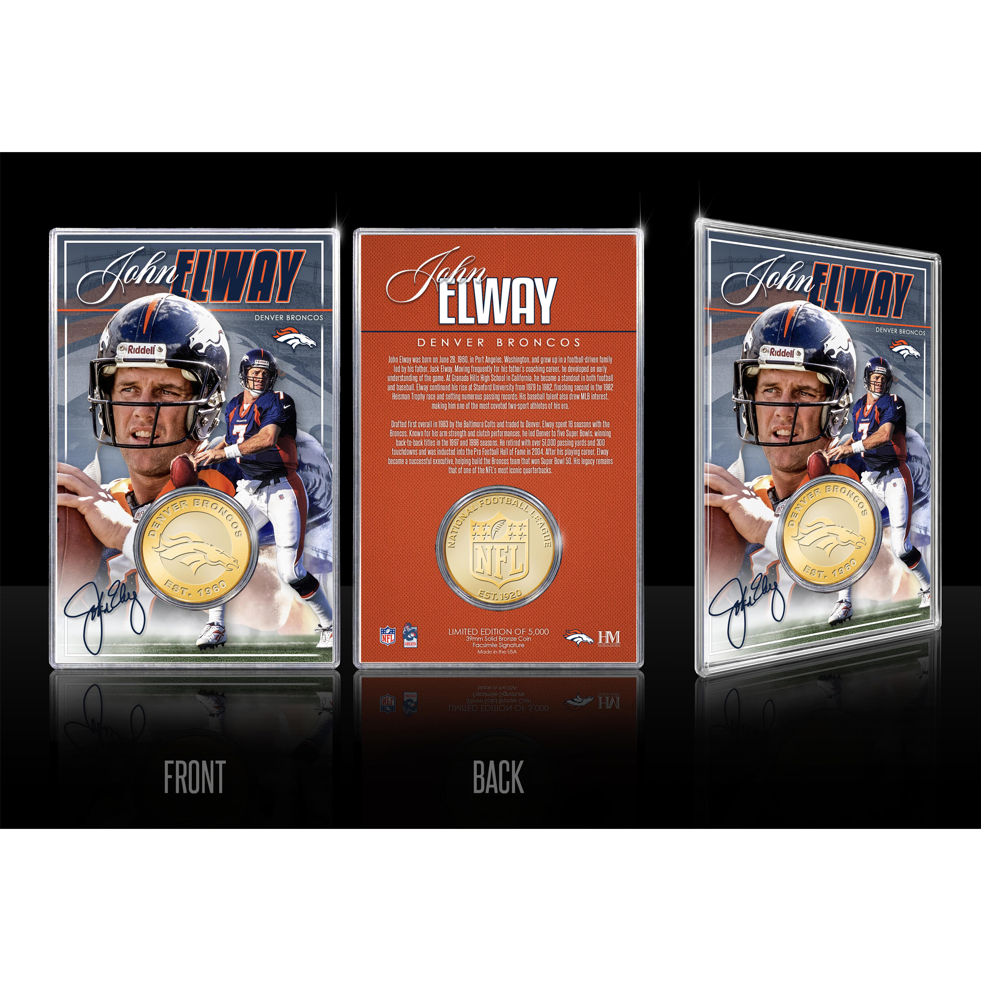Highland Mint John Elway Denver Broncos  Limited Edition Bronze Coin Card with Acrylic Holder