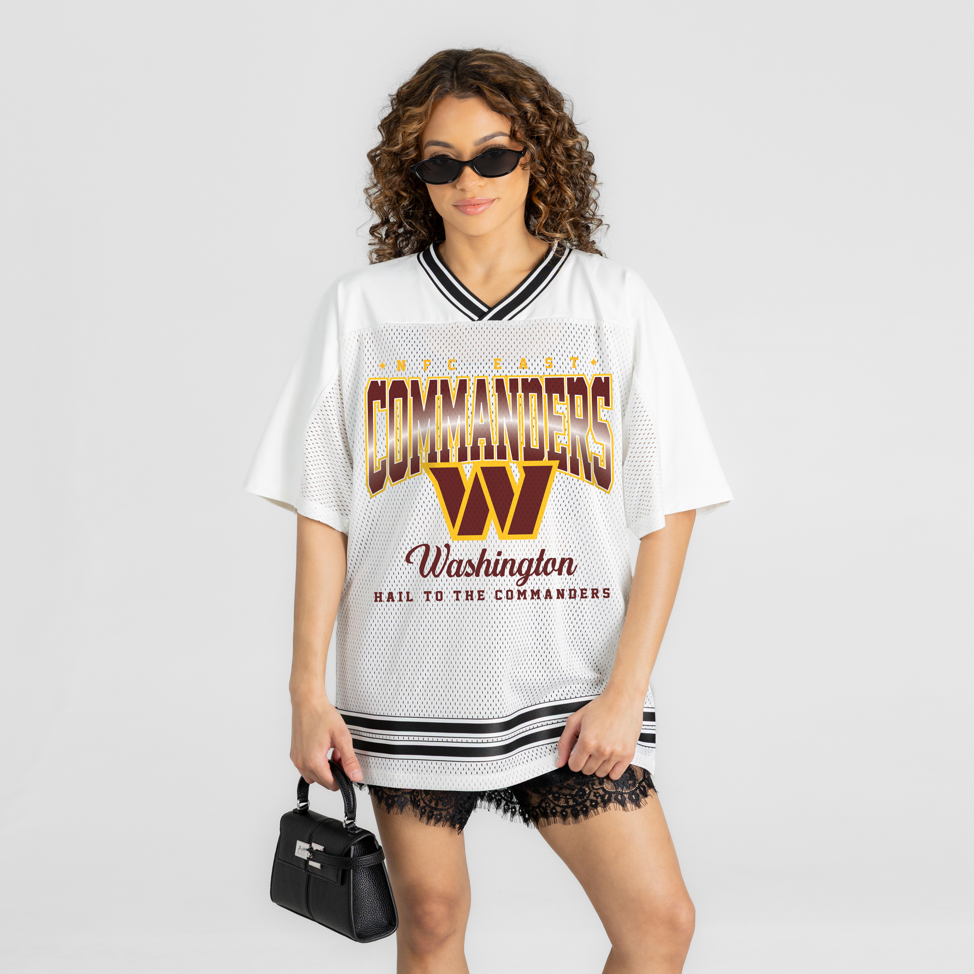 Women's Gameday Couture White Washington Commanders  Squad Mentality V-Neck Sports Mesh Fashion Jersey