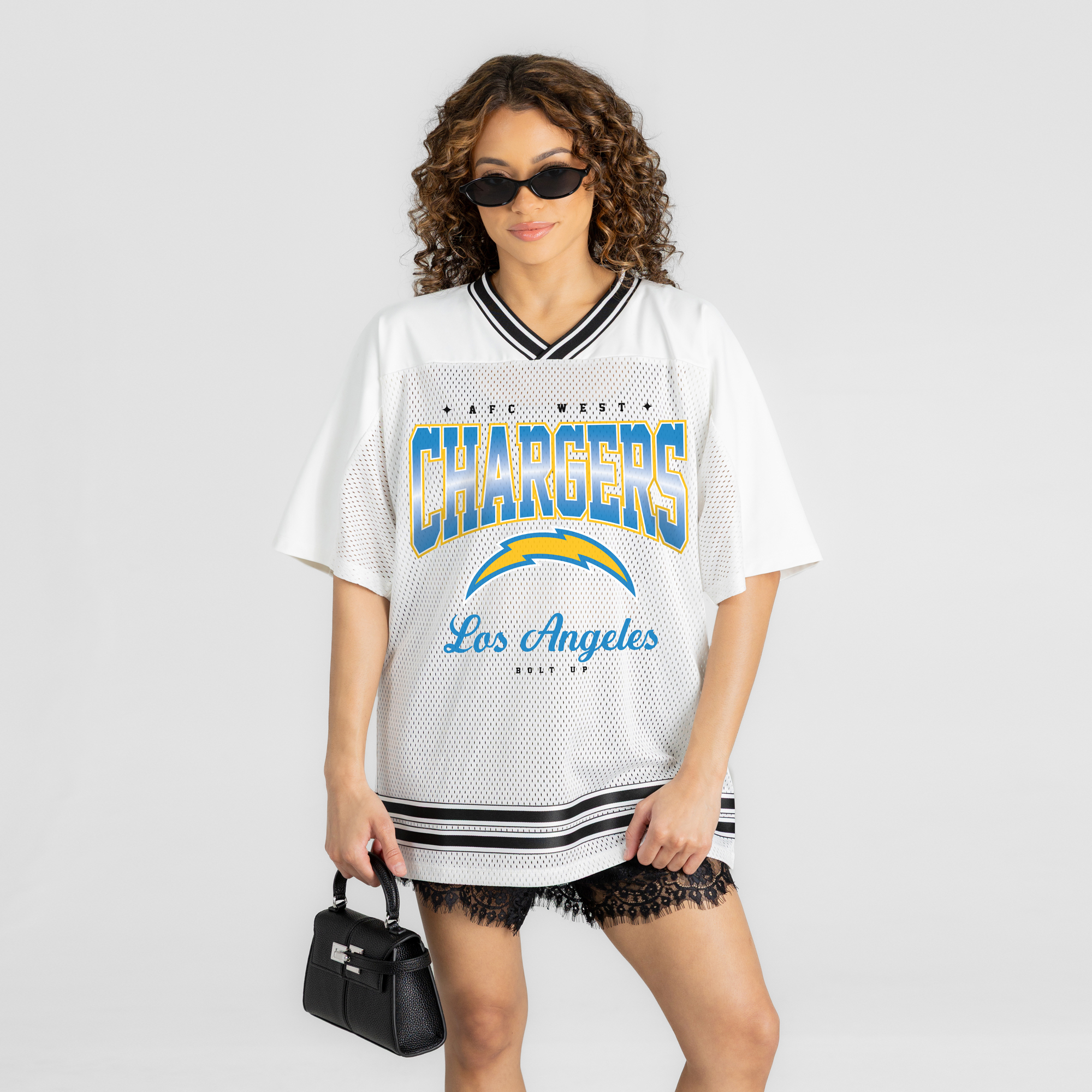 Women's Gameday Couture White Los Angeles Chargers  Squad Mentality V-Neck Sports Mesh Fashion Jersey