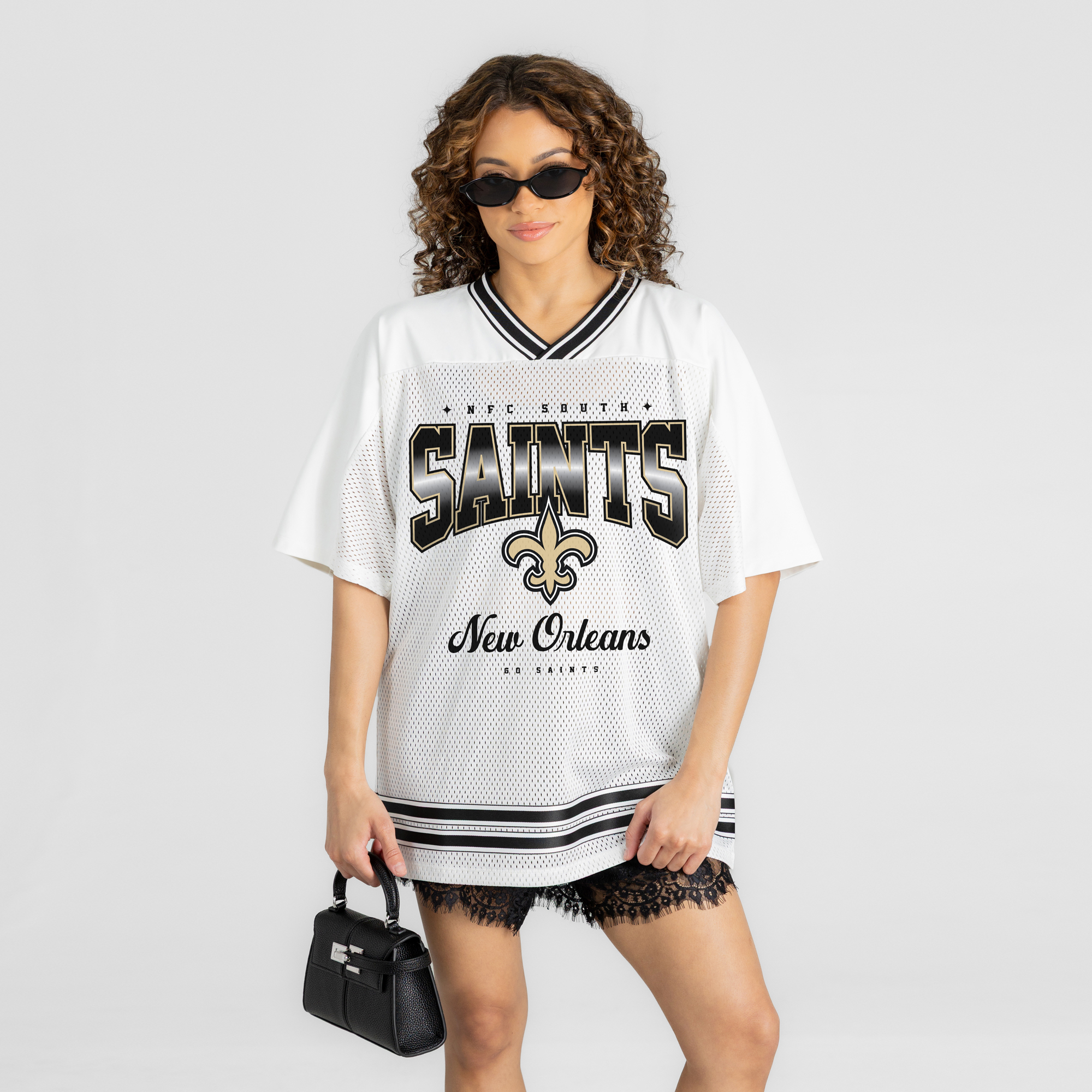 Women's Gameday Couture White New Orleans Saints  Squad Mentality V-Neck Sports Mesh Fashion Jersey