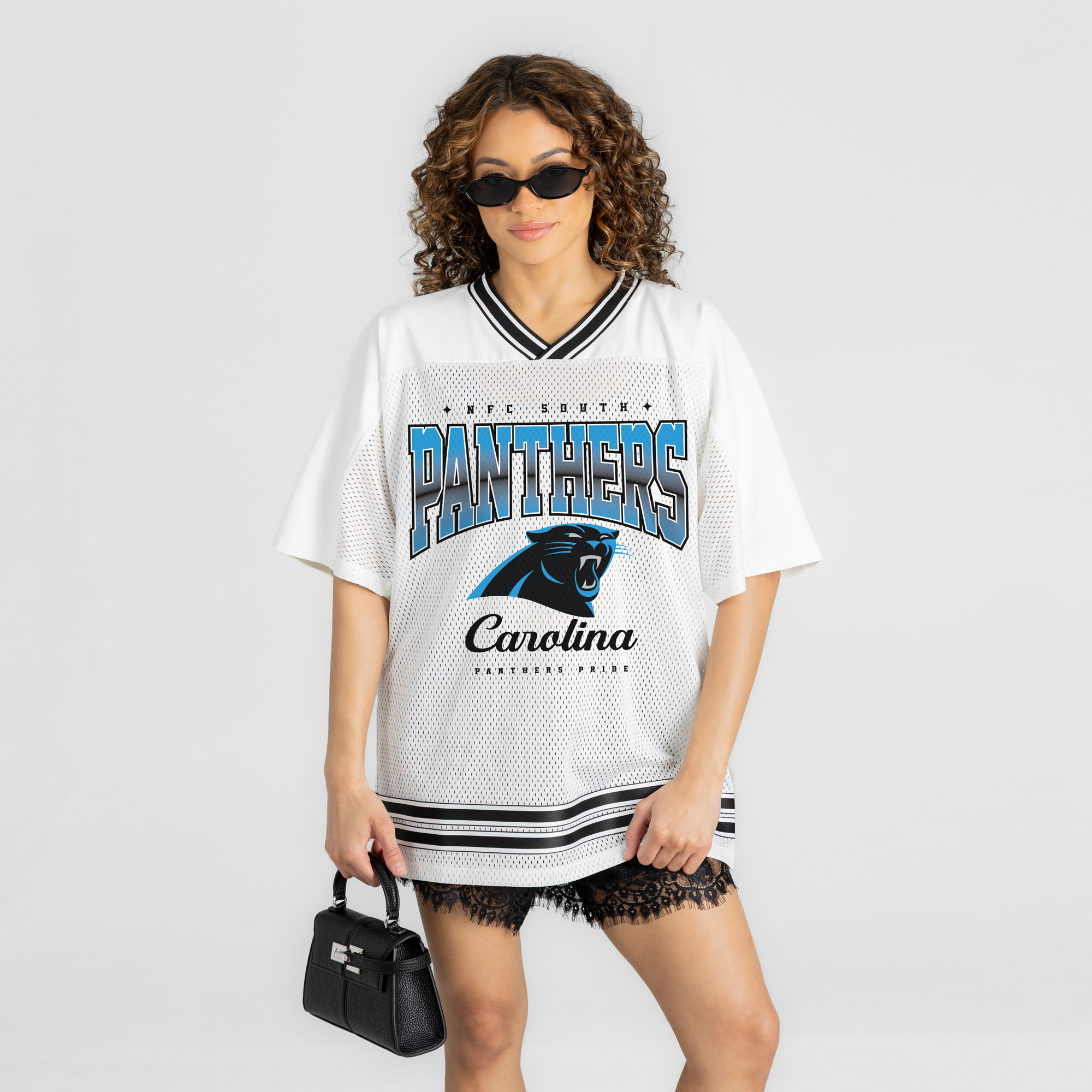 Women's Gameday Couture White Carolina Panthers  Squad Mentality V-Neck Sports Mesh Fashion Jersey