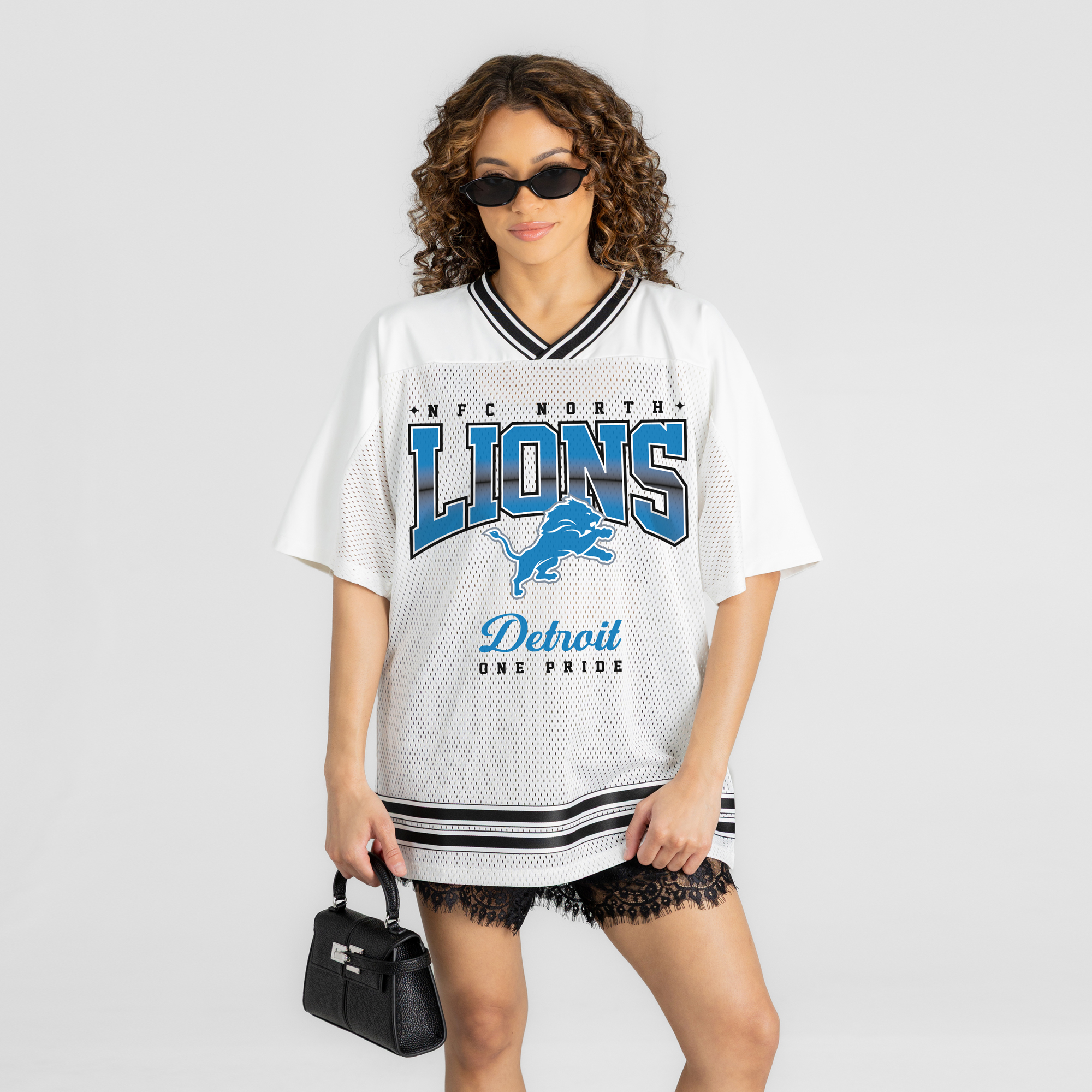 Women's Gameday Couture White Detroit Lions  Squad Mentality V-Neck Sports Mesh Fashion Jersey