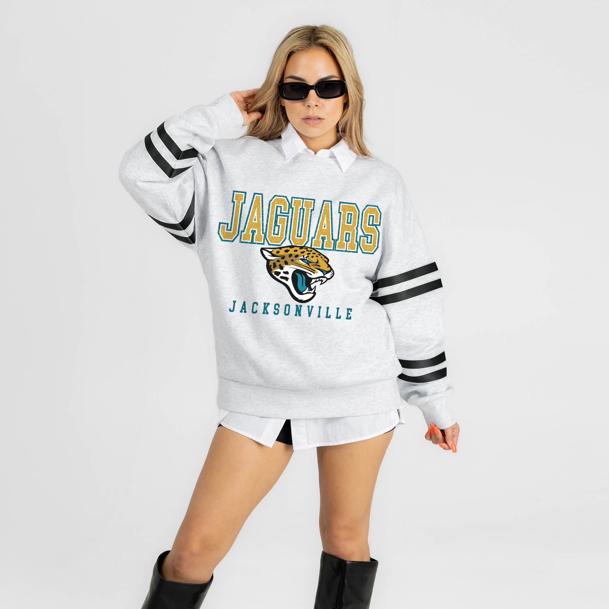 Gameday Couture Women's Ash Jacksonville Jaguars Stadium Stripes Oversized Fleece Sweatshirt - Ash