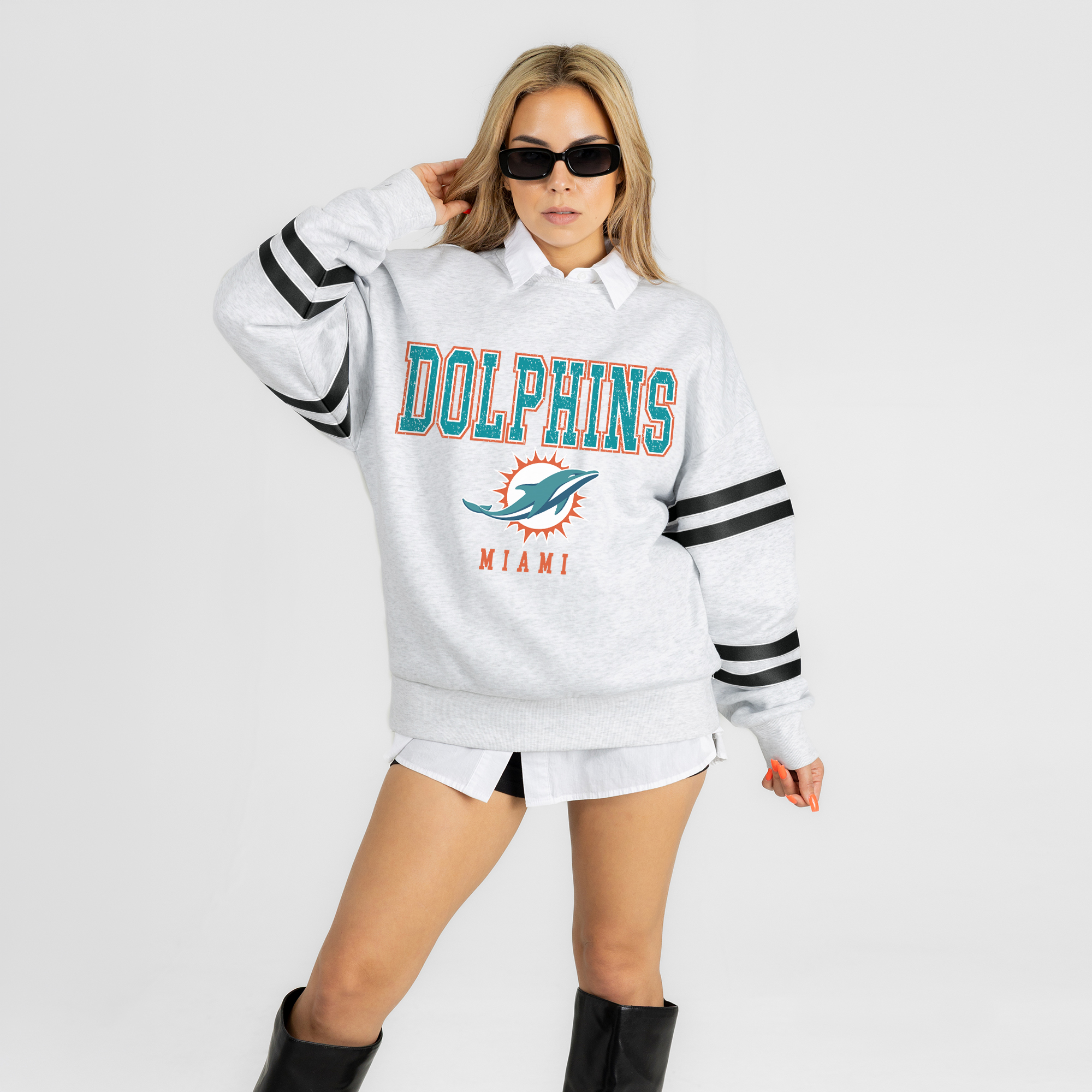 Women's Gameday Couture Ash Miami Dolphins Stadium Stripes Oversized Fleece Sweatshirt
