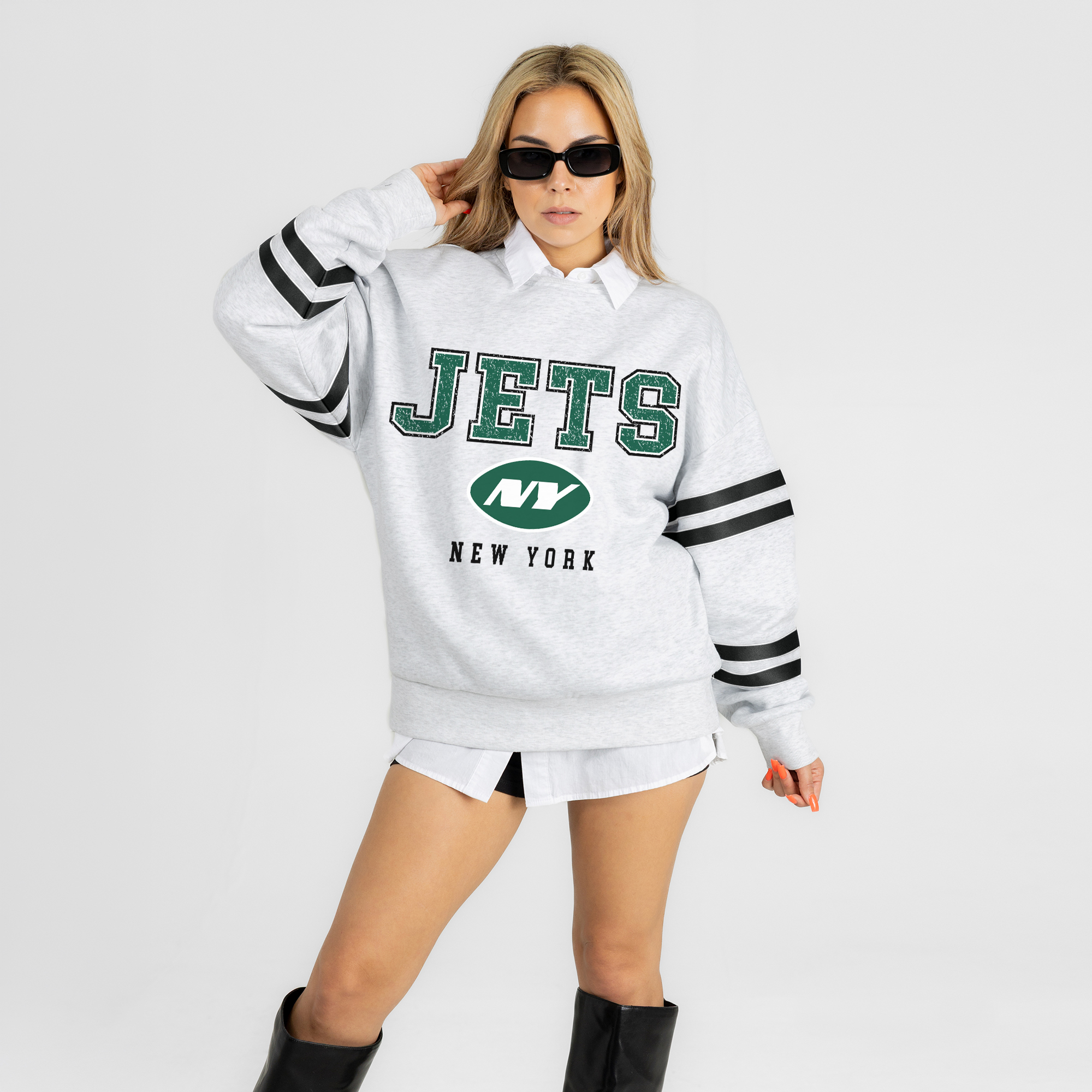 Women's Gameday Couture Ash New York Jets Stadium Stripes Oversized Fleece Sweatshirt