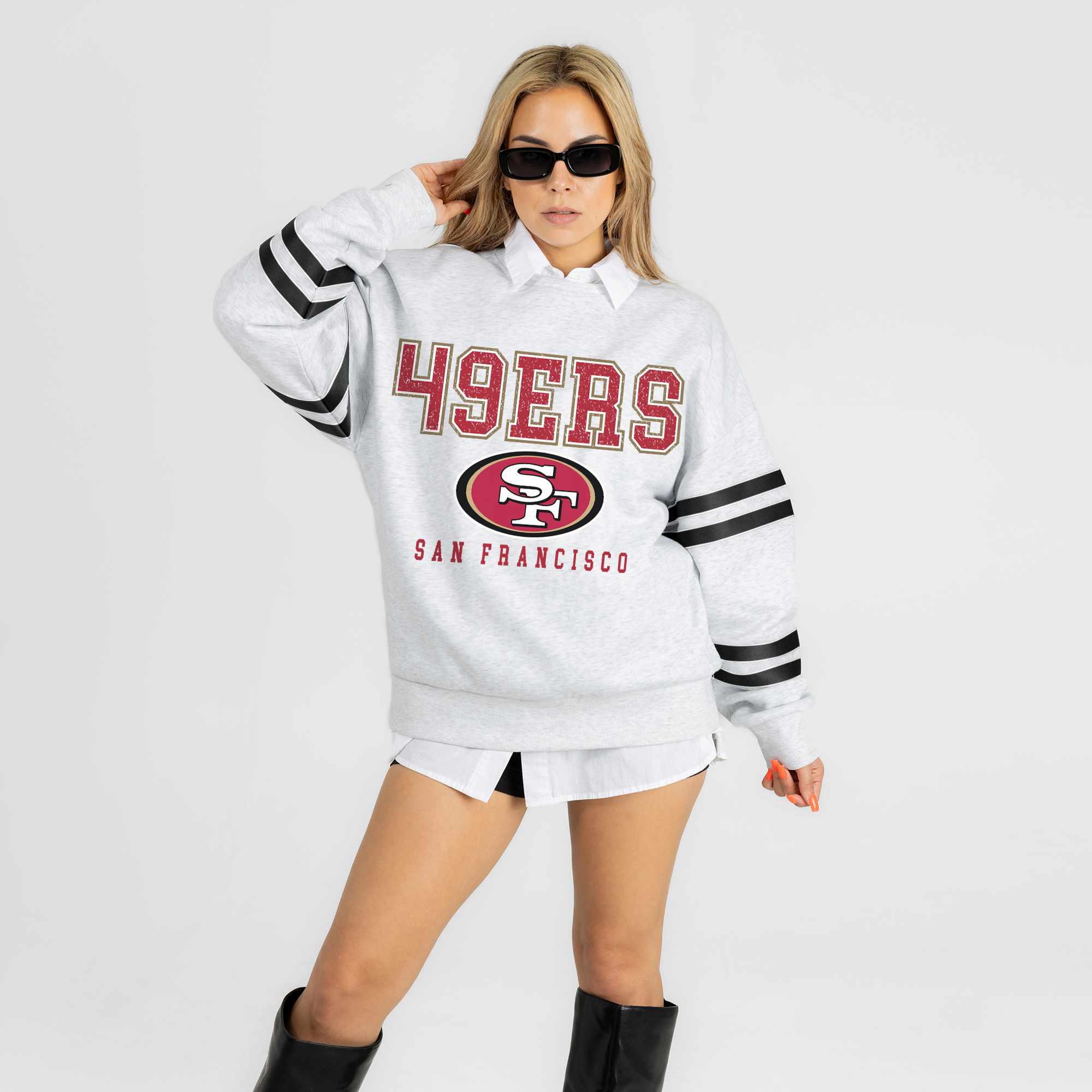 Gameday Couture Women's Ash San Francisco 49ers Stadium Stripes Oversized Fleece Sweatshirt - Ash