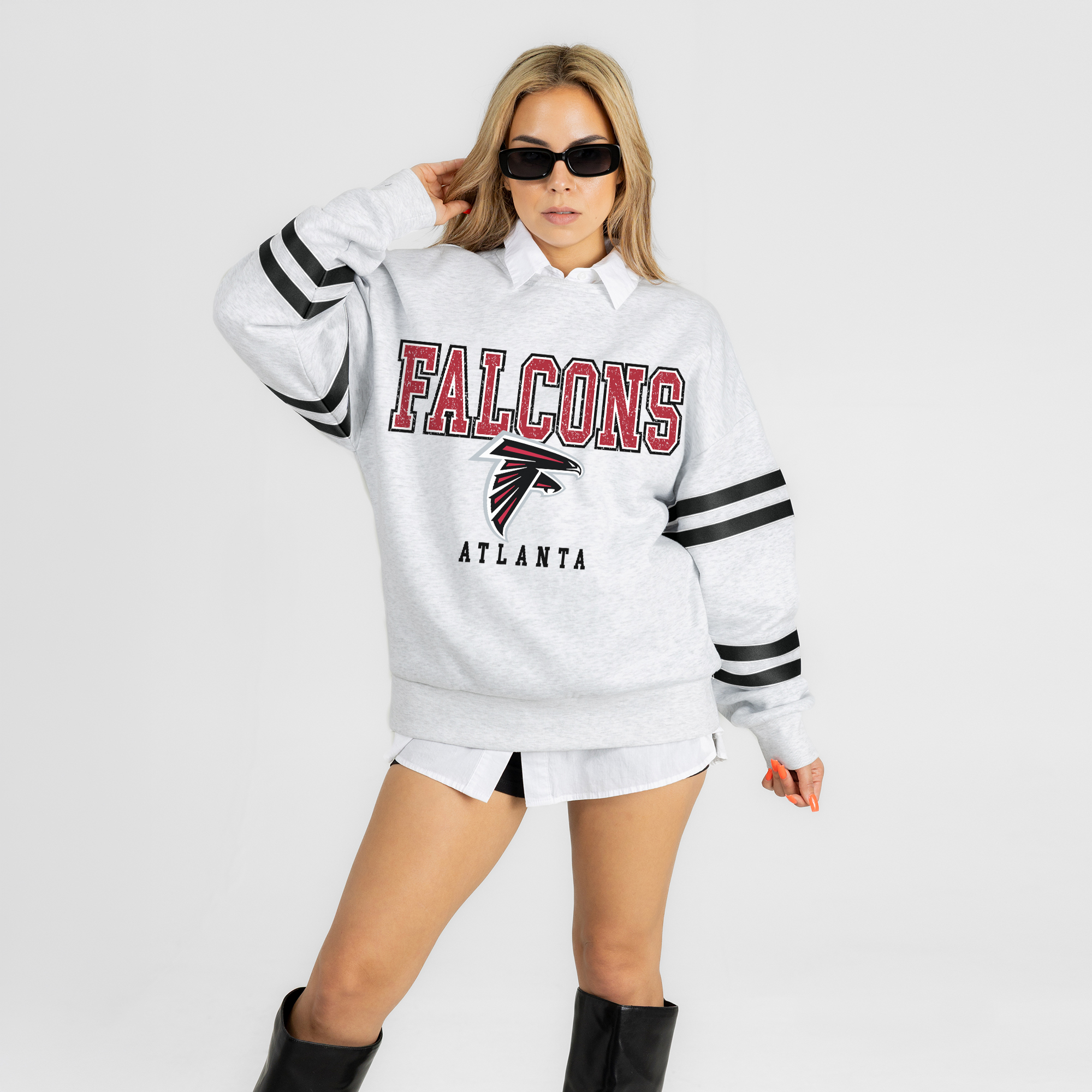 Women's Gameday Couture Ash Atlanta Falcons  Stadium Stripes Oversized Fleece Sweatshirt