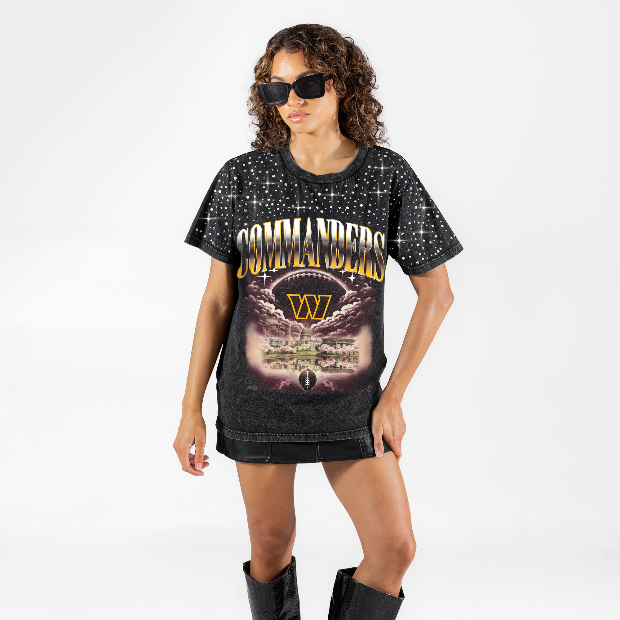 Women's Gameday Couture Black Washington Commanders Sky's the Limit Washed Micro Rhinestone T-Shirt
