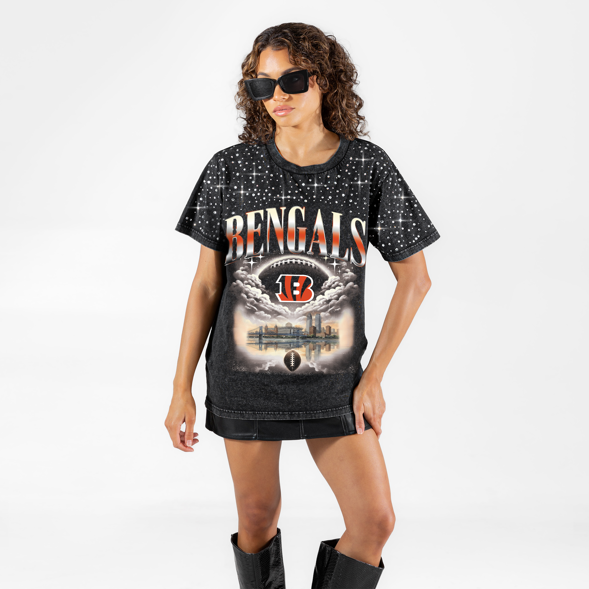 Gameday Couture Women's Black Cincinnati Bengals Sky's the Limit Washed Micro Rhinestone T-Shirt - Black
