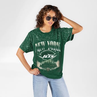 Women's Gameday Couture Dark Green New York Jets  Sky's the Limit Washed Micro Rhinestone T-Shirt