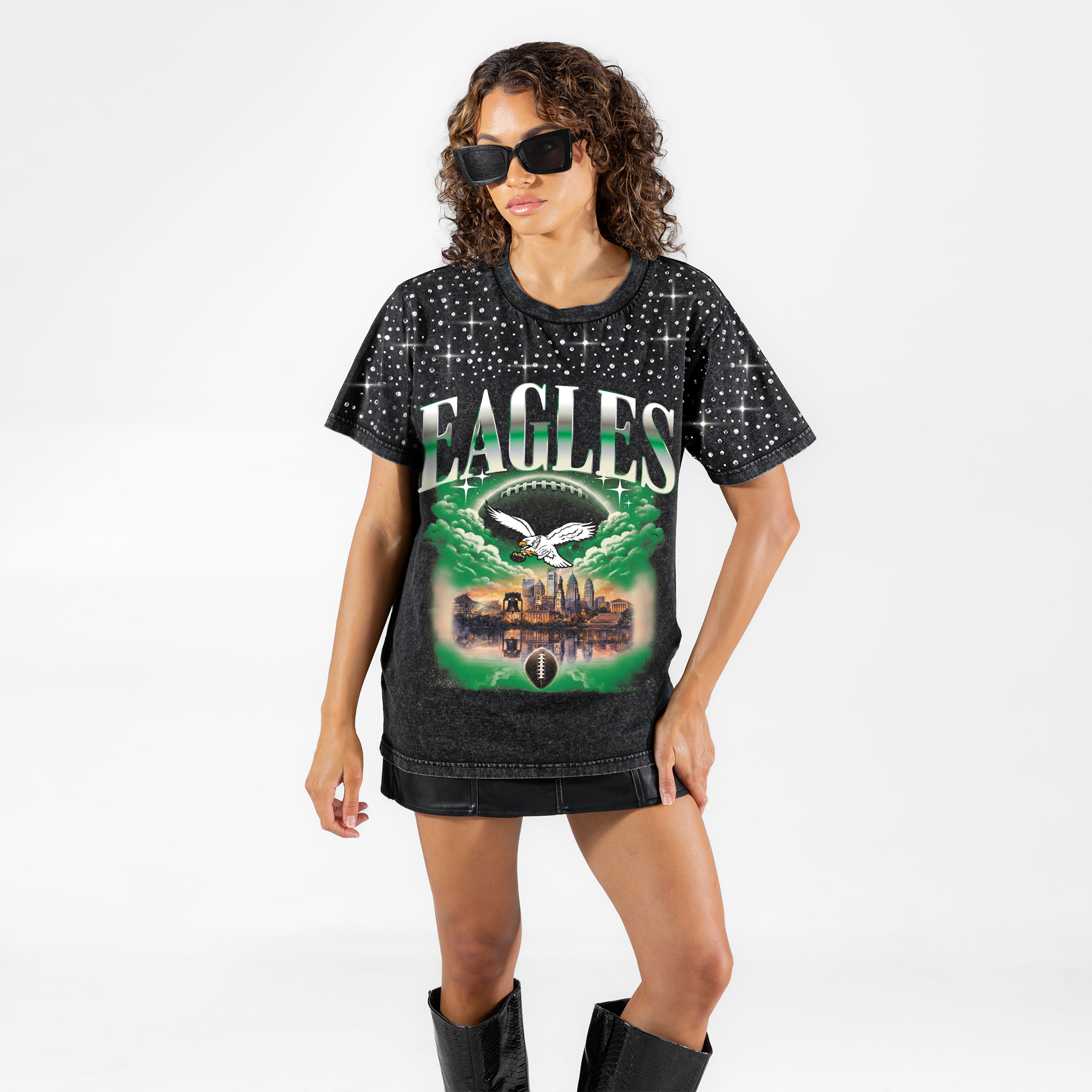 Women's Gameday Couture Black Philadelphia Eagles  Sky's the Limit Washed Micro Rhinestone T-Shirt