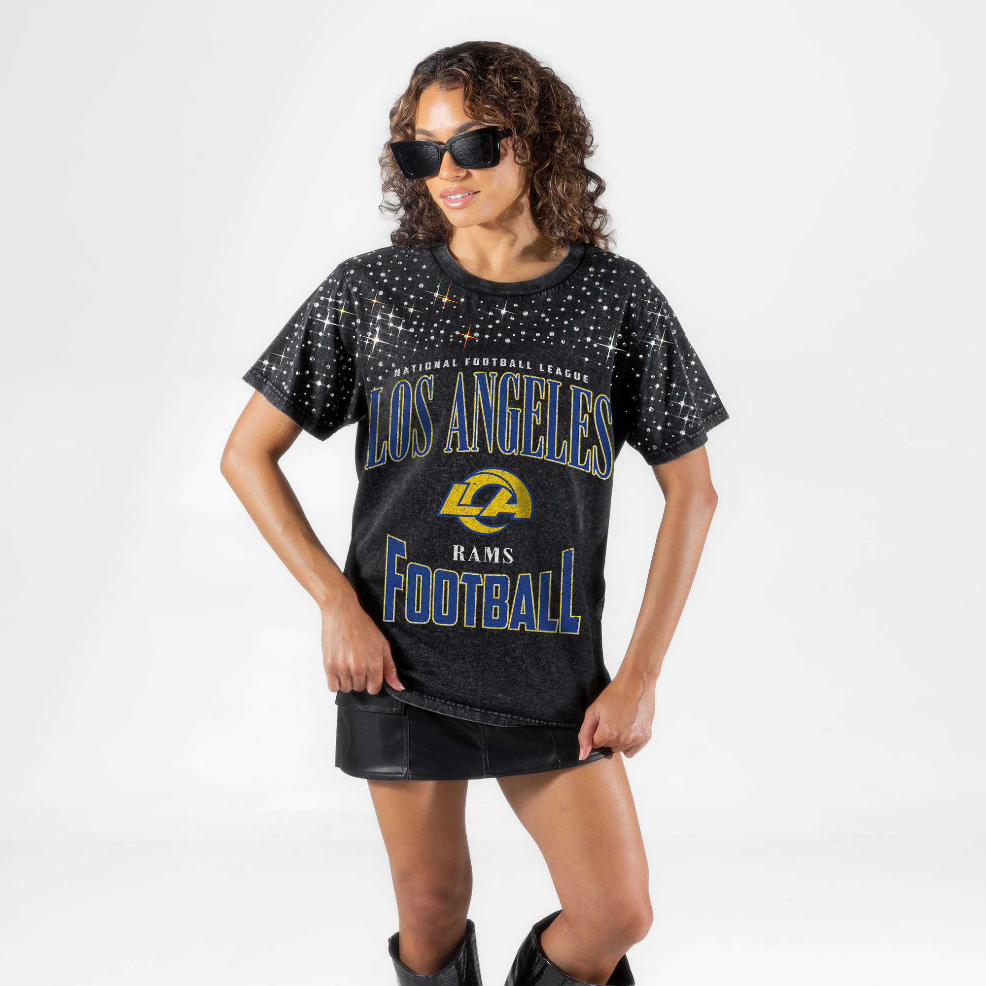 Gameday Couture Women's Black Los Angeles Rams In the Zone Washed Micro Rhinestone T-Shirt - Black