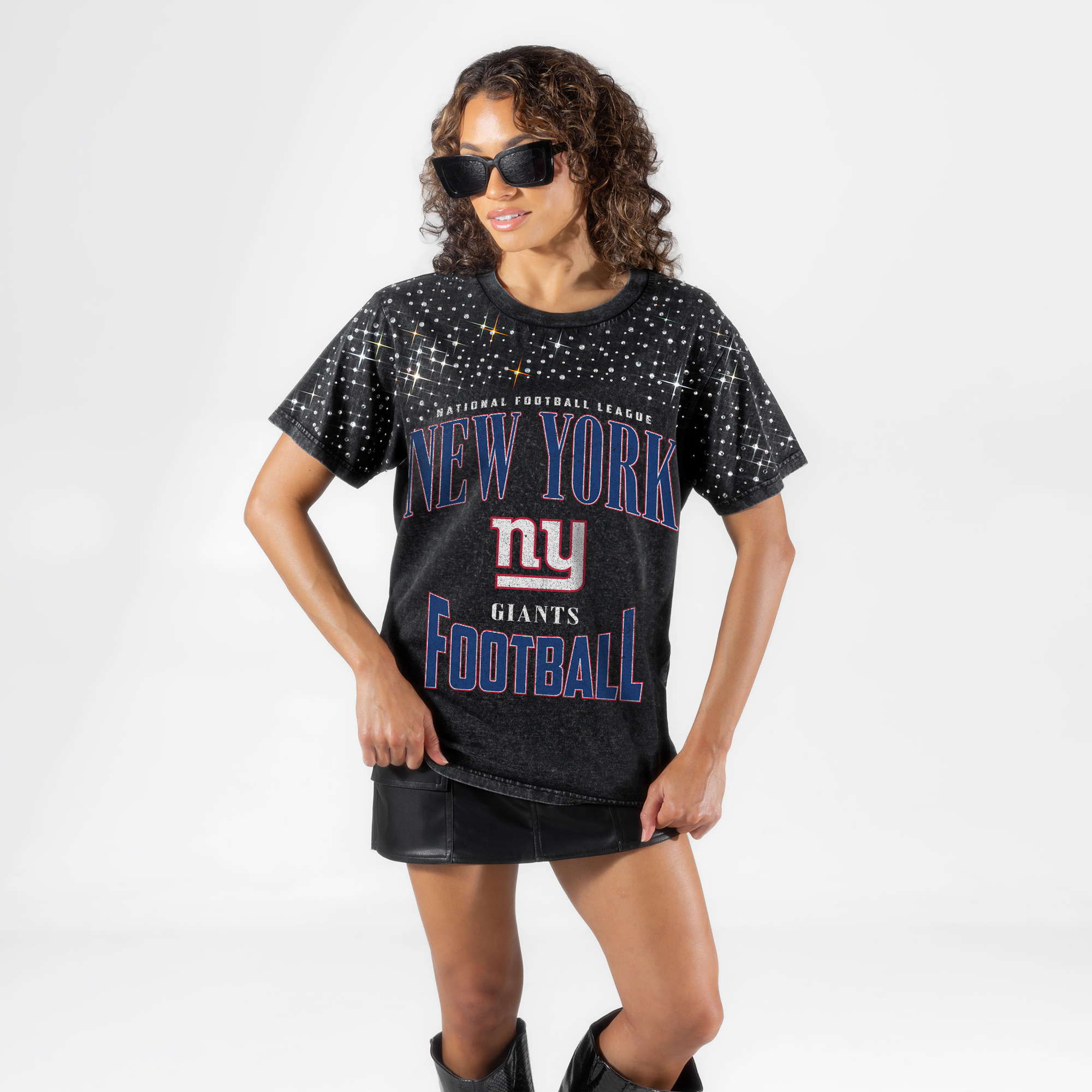 Women's Gameday Couture Black New York Giants  In the Zone Washed Micro Rhinestone T-Shirt