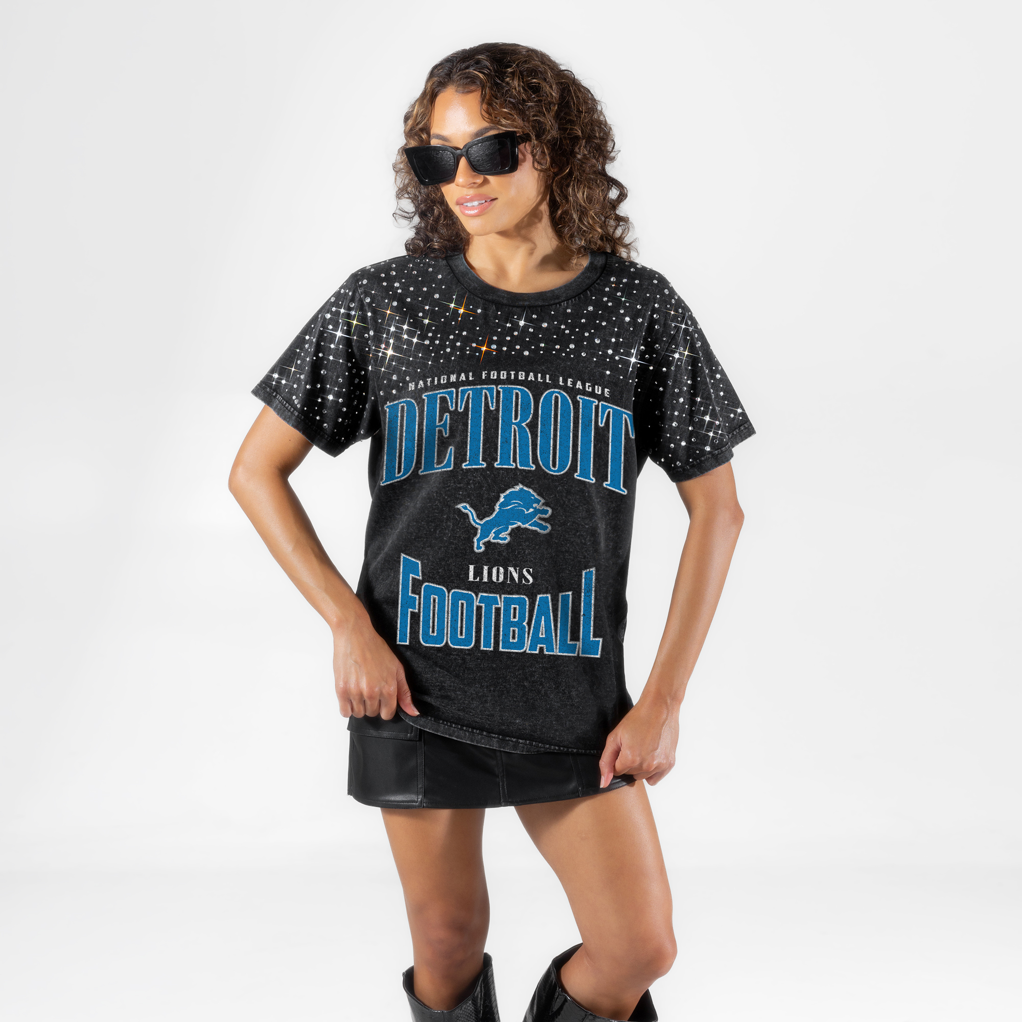 Women's Gameday Couture Black Detroit Lions  In the Zone Washed Micro Rhinestone T-Shirt