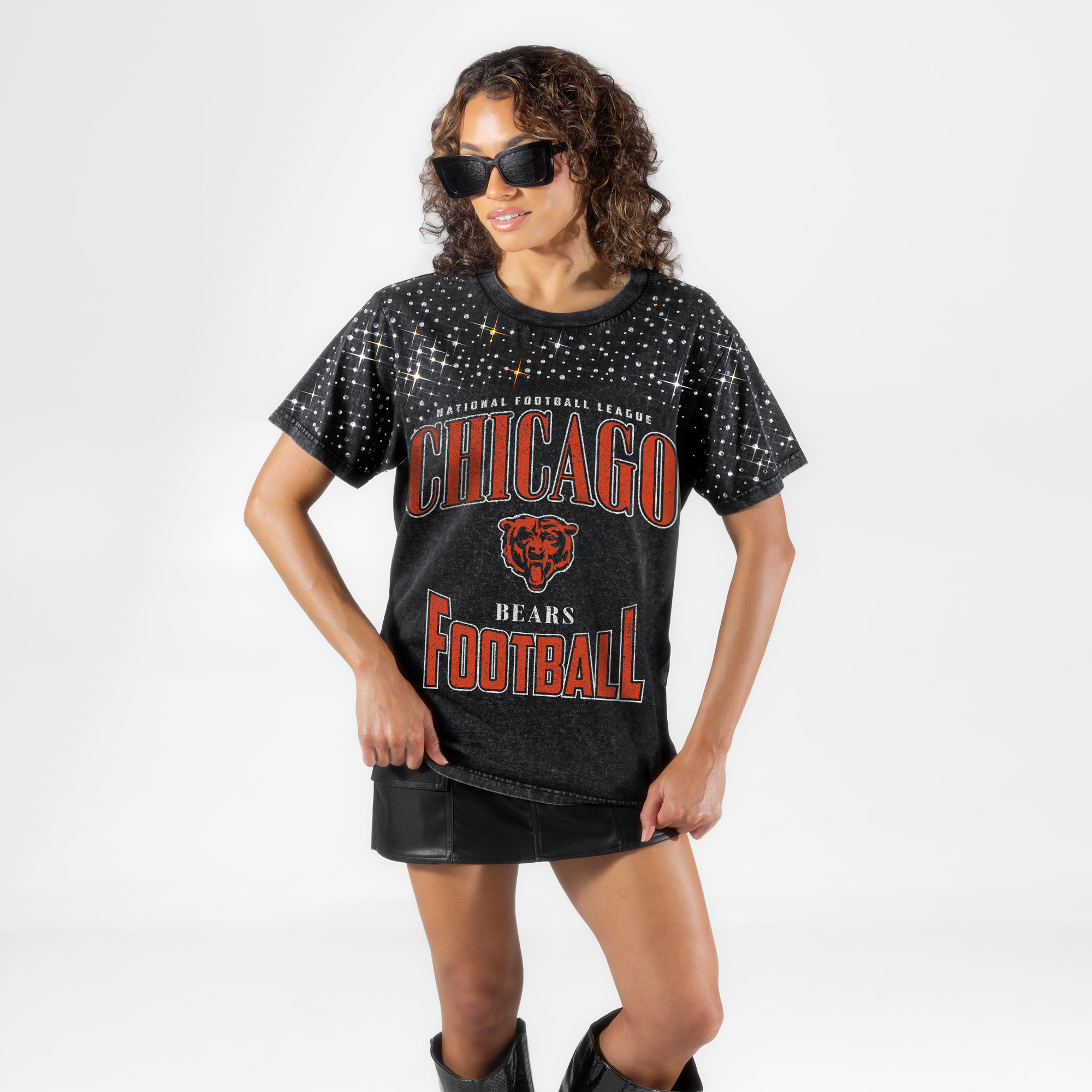 Women's Gameday Couture Black Chicago Bears  In the Zone Washed Micro Rhinestone T-Shirt