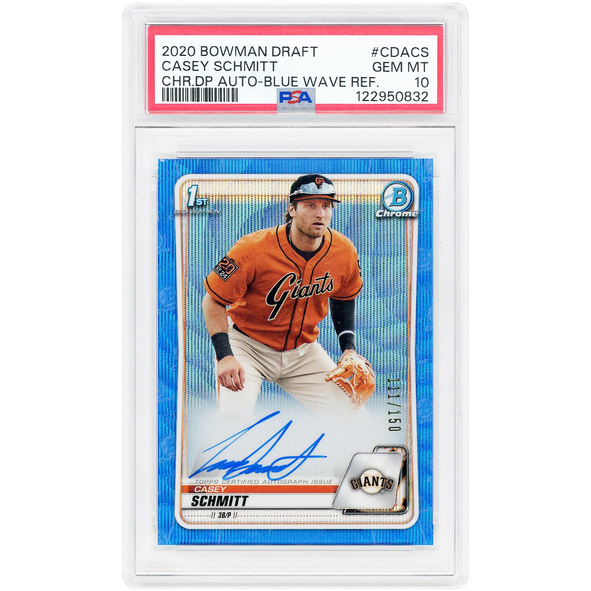 Carta autografata di Casey Schmitt dei San Francisco Giants, edizione 2020 Bowman Draft Chrome Blue Wave Refractor #CDA-CS #111/150, autenticata da PSA.