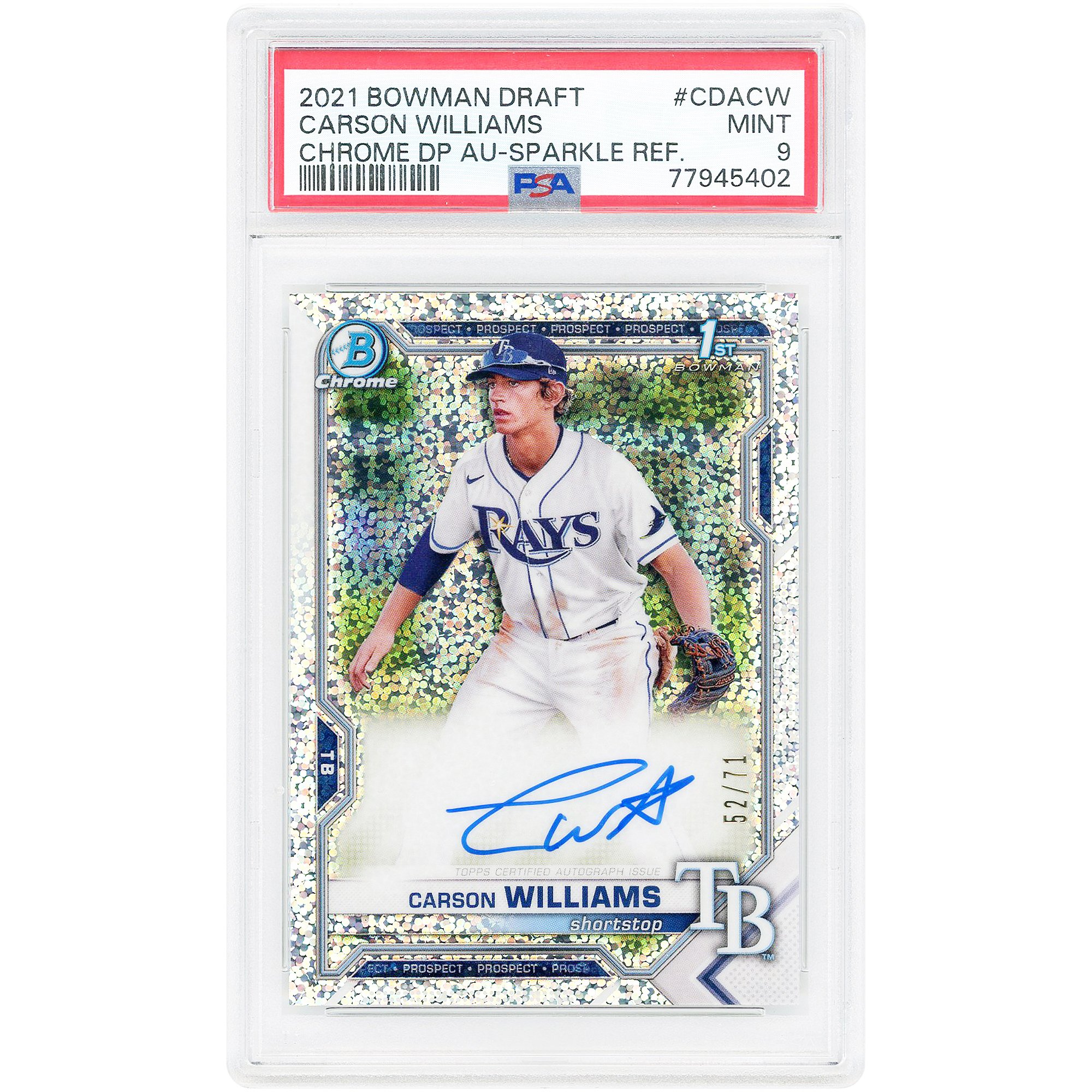 Carta autografata di Carson Williams dei Tampa Bay Rays, edizione 2021 Bowman Draft Chrome Sparkle Refractor #CDA-CW #52/71, autenticata da PSA.