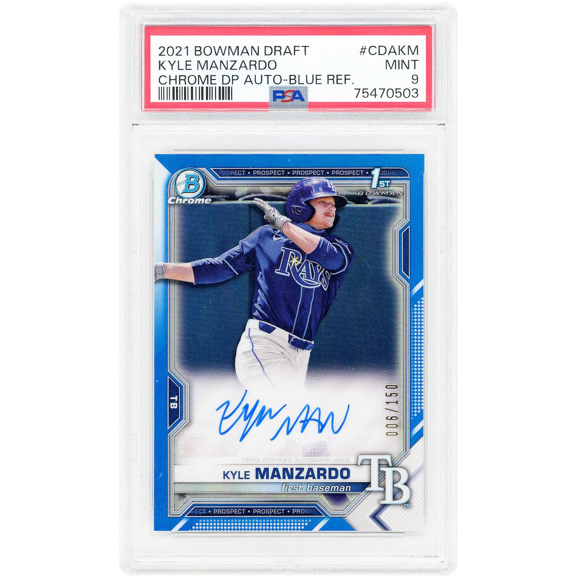 Carta autografata di Kyle Manzardo dei Tampa Bay Rays, edizione 2021 Bowman Draft Chrome Blue Refractor #CDA-KM #6/150, autenticata da PSA.