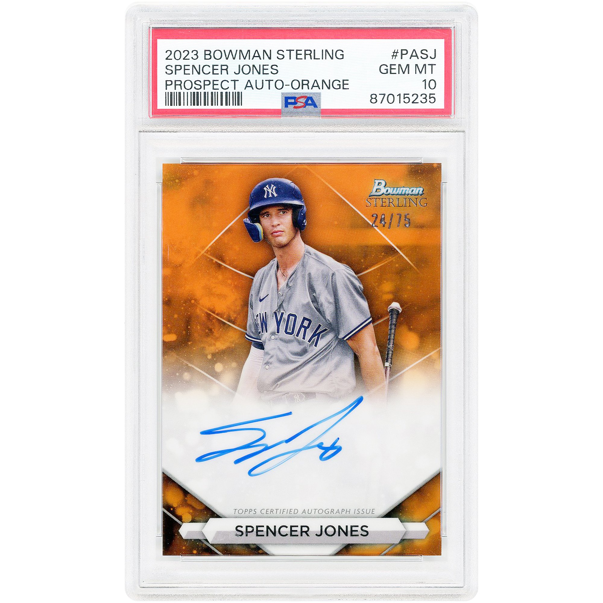 Carta autografata Spencer Jones dei New York Yankees, edizione Bowman Sterling Orange Refractor 2023 #PA-SJ #24/75, autenticata da PSA.