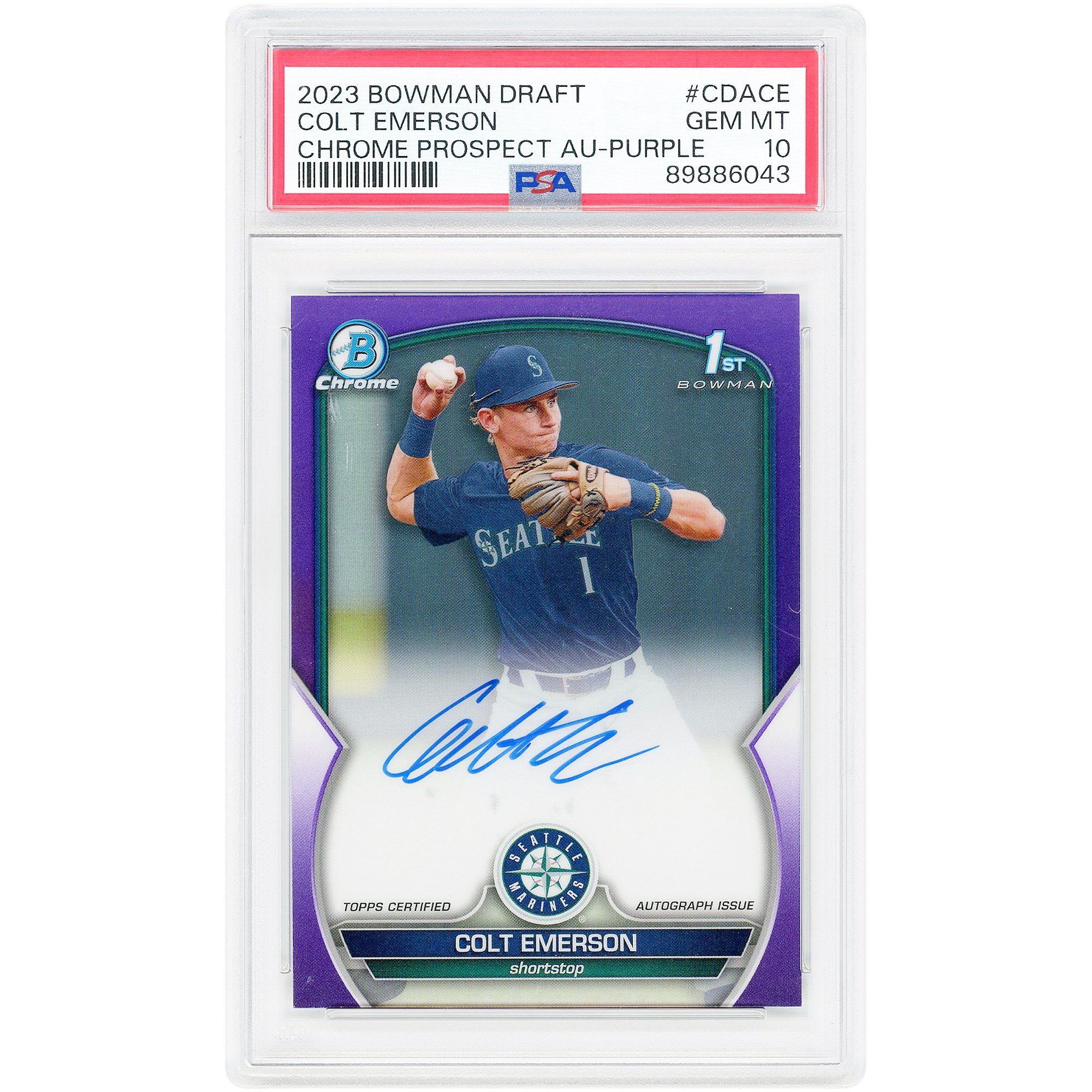 Carta autografata di Colt Emerson dei Seattle Mariners, edizione 2023 Bowman Draft Chrome Purple Refractor #CDA-CE #213/250, autenticata da PSA.