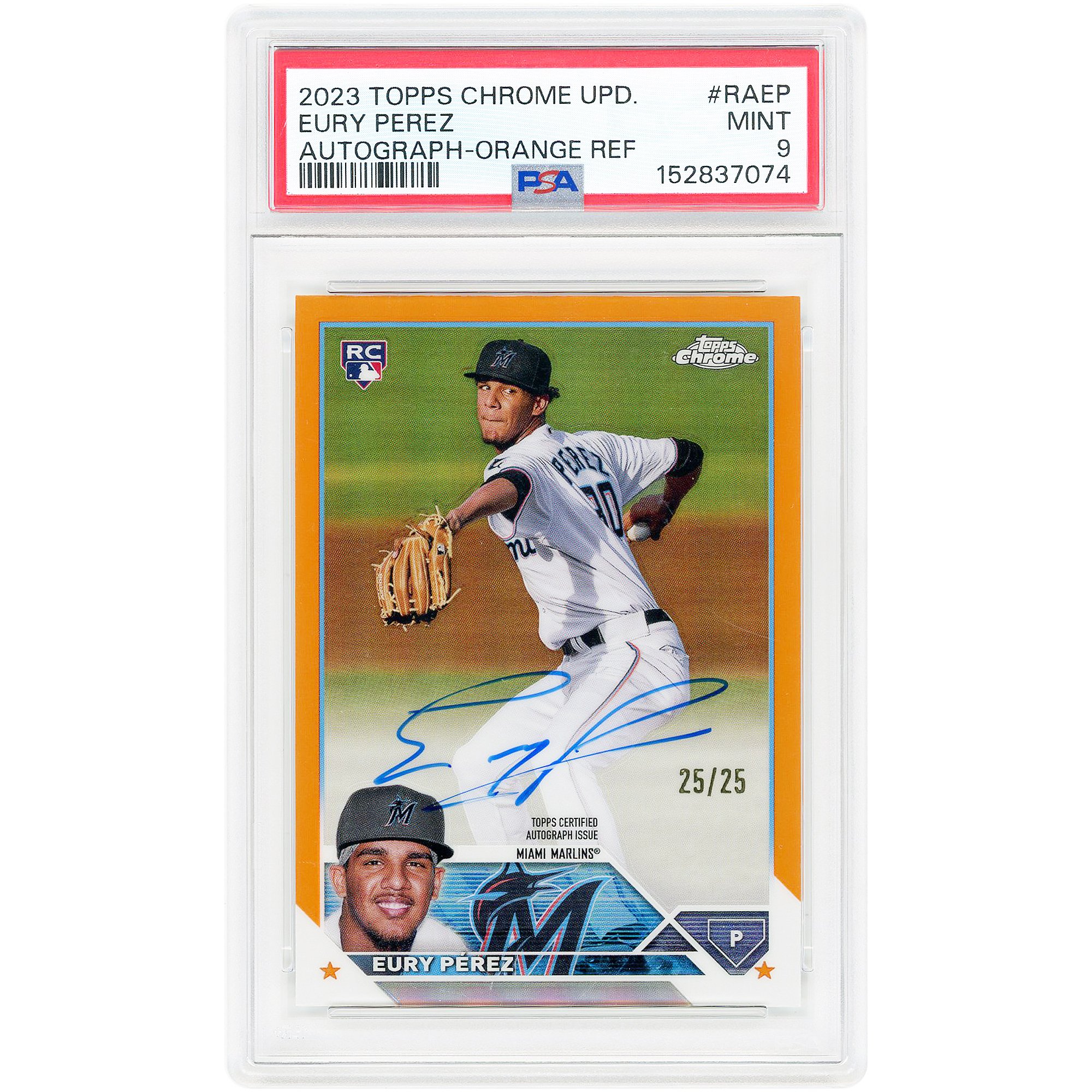 Carta da collezione Eury Perez Miami Marlins Autografata 2023 Topps Chrome Update Orange Refractor #RA-EP #25/25 Autenticata da PSA 9 Rookie Card