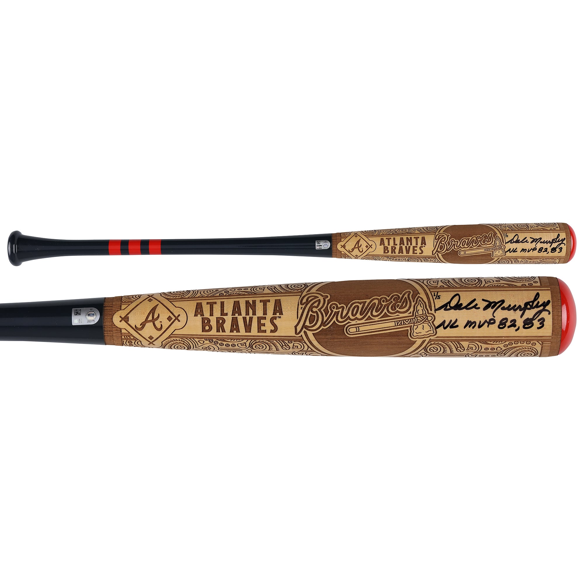 Mazza da baseball autografata da Dale Murphy degli Atlanta Braves, modello Pillbox Bat Company Mural Series con iscrizione "NL MVP 82, 83" - Edizione limitata n. 1/5