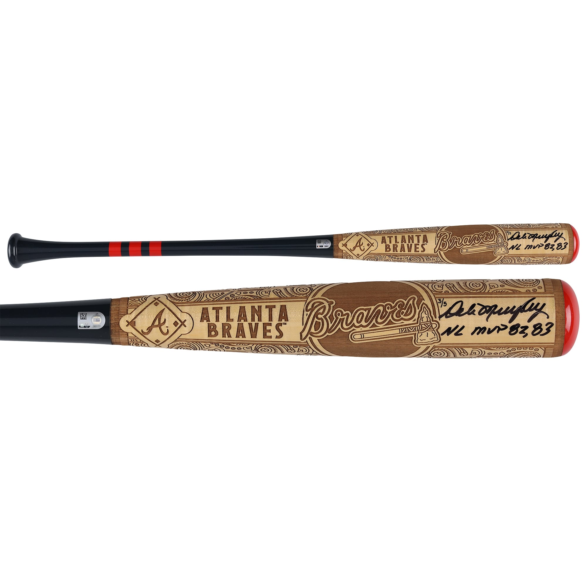 Mazza da baseball autografata da Dale Murphy degli Atlanta Braves, modello Pillbox Bat Company Mural Series con iscrizione "NL MVP 82, 83" - Edizione limitata n. 3/5