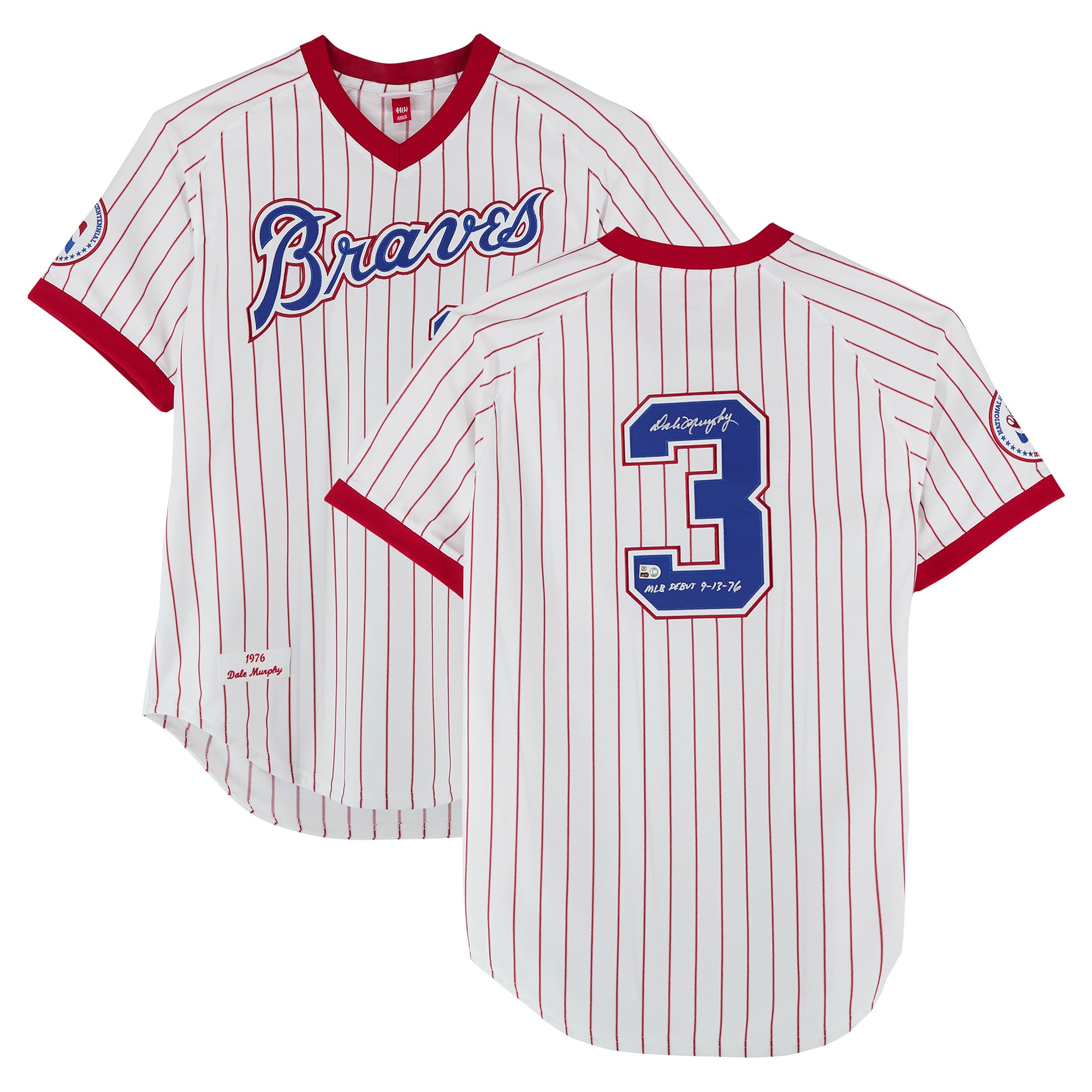 Maglia autentica bianca del 1976 di Dale Murphy degli Atlanta Braves, autografata da Mitchell & Ness, con la scritta "MLB Debut 9/13/76".