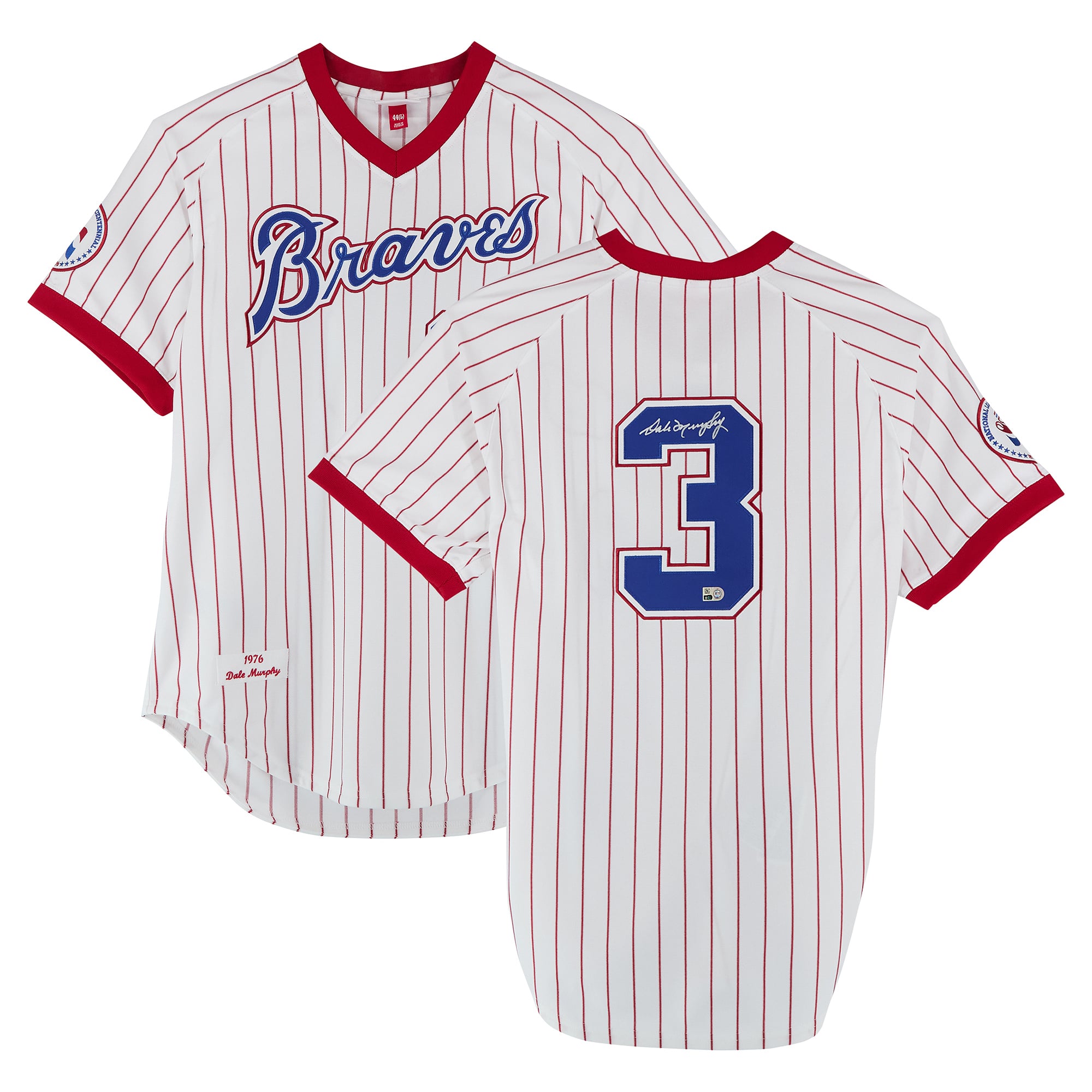 Maglia autentica bianca autografata di Dale Murphy degli Atlanta Braves, anno 1976, firmata Mitchell & Ness.