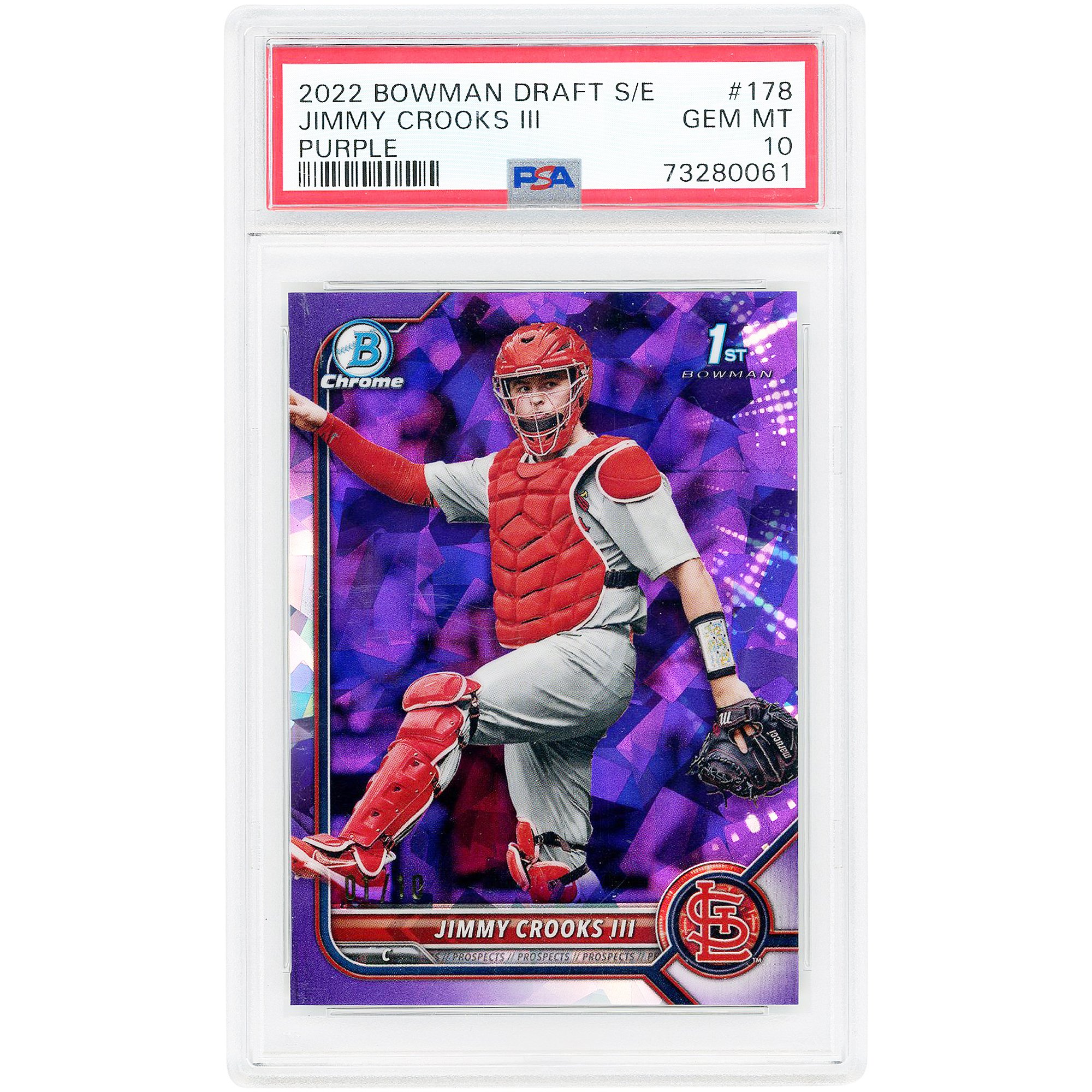Jimmy Crooks St. Louis Cardinals 2022 Bowman Draft Sapphire Edition Purple #BDC-178 #1/10 Carta autenticata da PSA