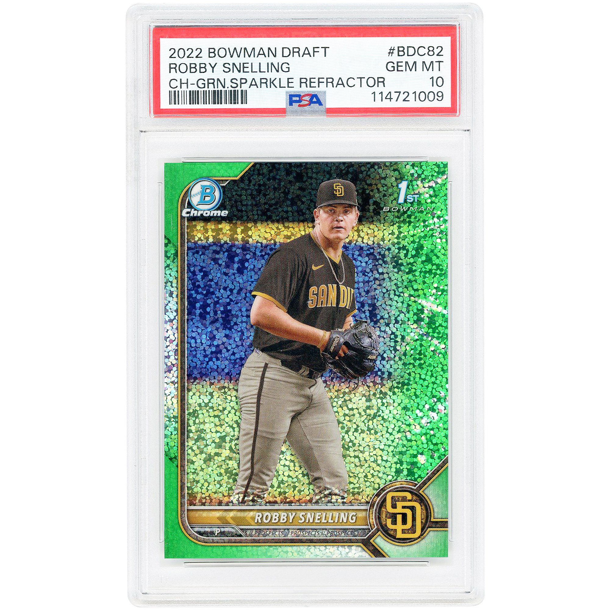 Robby Snelling San Diego Padres 2022 Bowman Draft Chrome Green Sparkle Refractor #BDC-82 #45/99 Carta autenticata da PSA