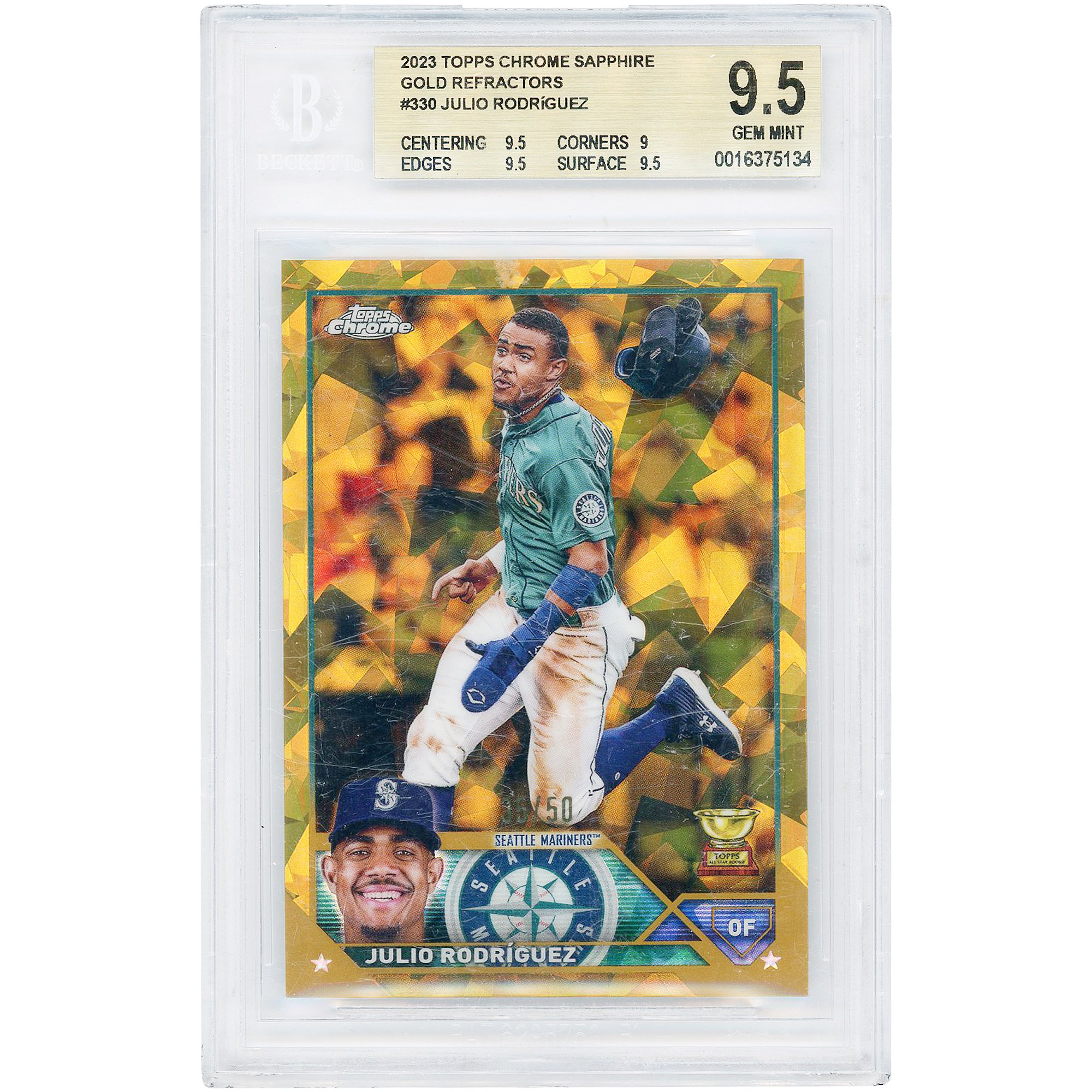 Julio Rodriguez Seattle Mariners 2023 Topps Chrome Sapphire Gold Refractor #330 #35/50 Carta autenticata BGS 9.5 - Sottogradi 9.5,9,9.5,9.5