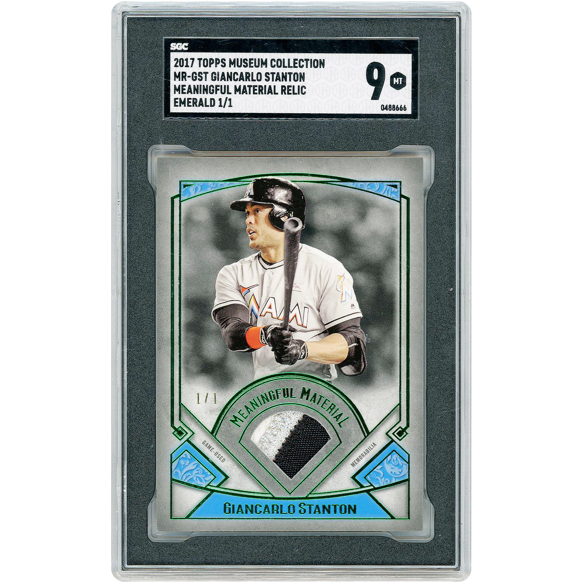 Giancarlo Stanton Miami Marlins 2017 Topps Museum Collection Emerald Meaningful Material Game-Used Dual-Color Jersey Relic #MR-GST #1/1 SGC Authenticated 9 Card