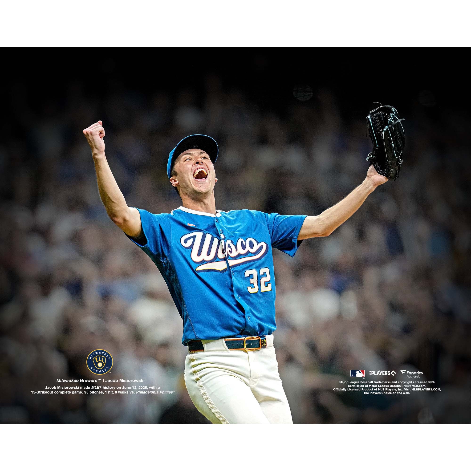 Jacob Misiorowski, giocatore dei Milwaukee Brewers non ingaggiato, partita completa con 15 strikeout su 95 lanci, foto celebrativa.