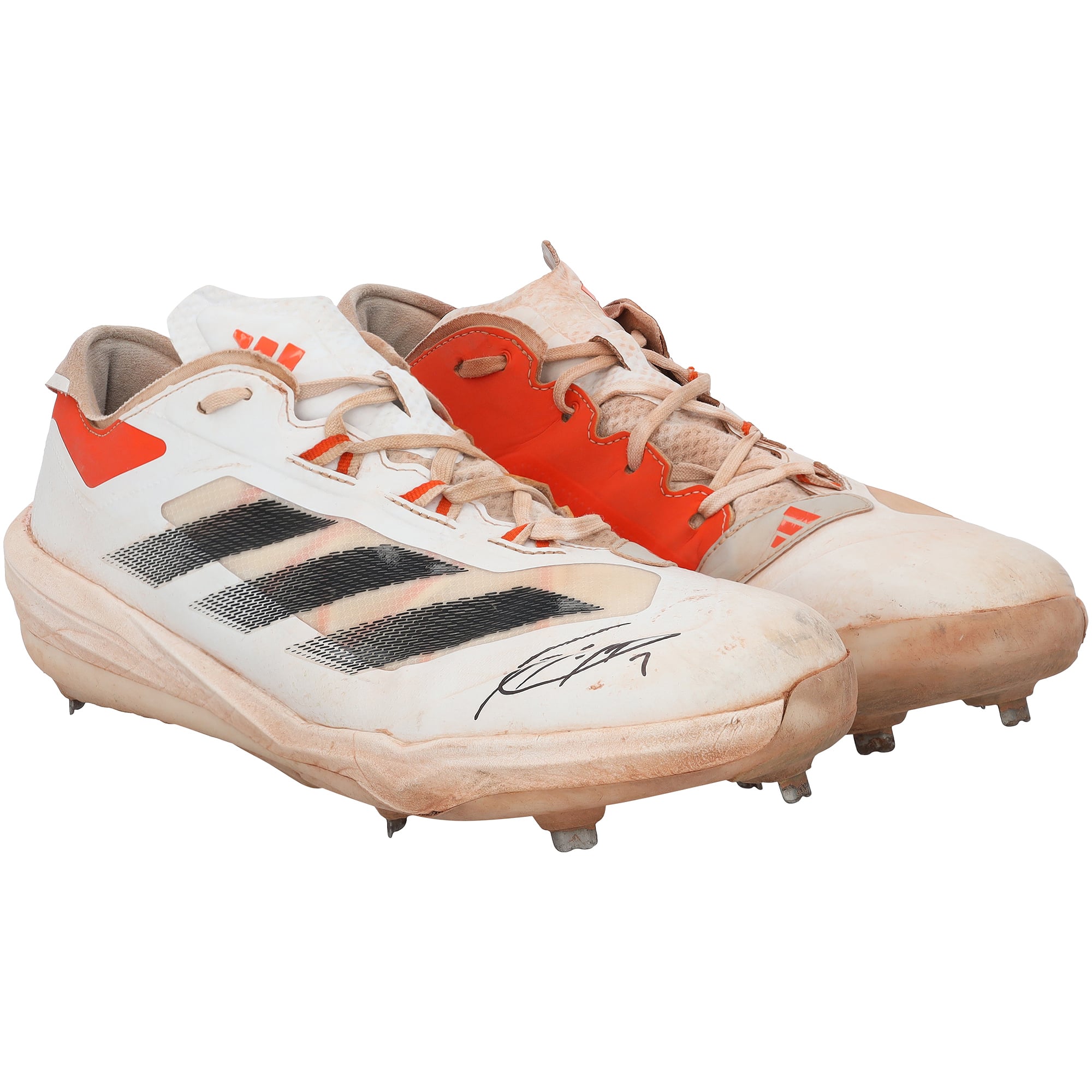 Scarpe da gioco Adidas bianche/arancioni autografate da Jackson Holliday dei Baltimore Orioles, indossate contro i Toronto Blue Jays il 30 luglio 2025.
