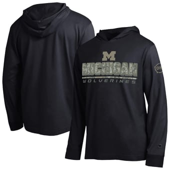 Men's Champion  Black Michigan Wolverines Operation Hat Trick Camo Script Hooded Long Sleeve T-Shirt