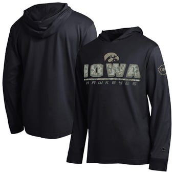 Men's Champion  Black Iowa Hawkeyes Operation Hat Trick Camo Script Hooded Long Sleeve T-Shirt